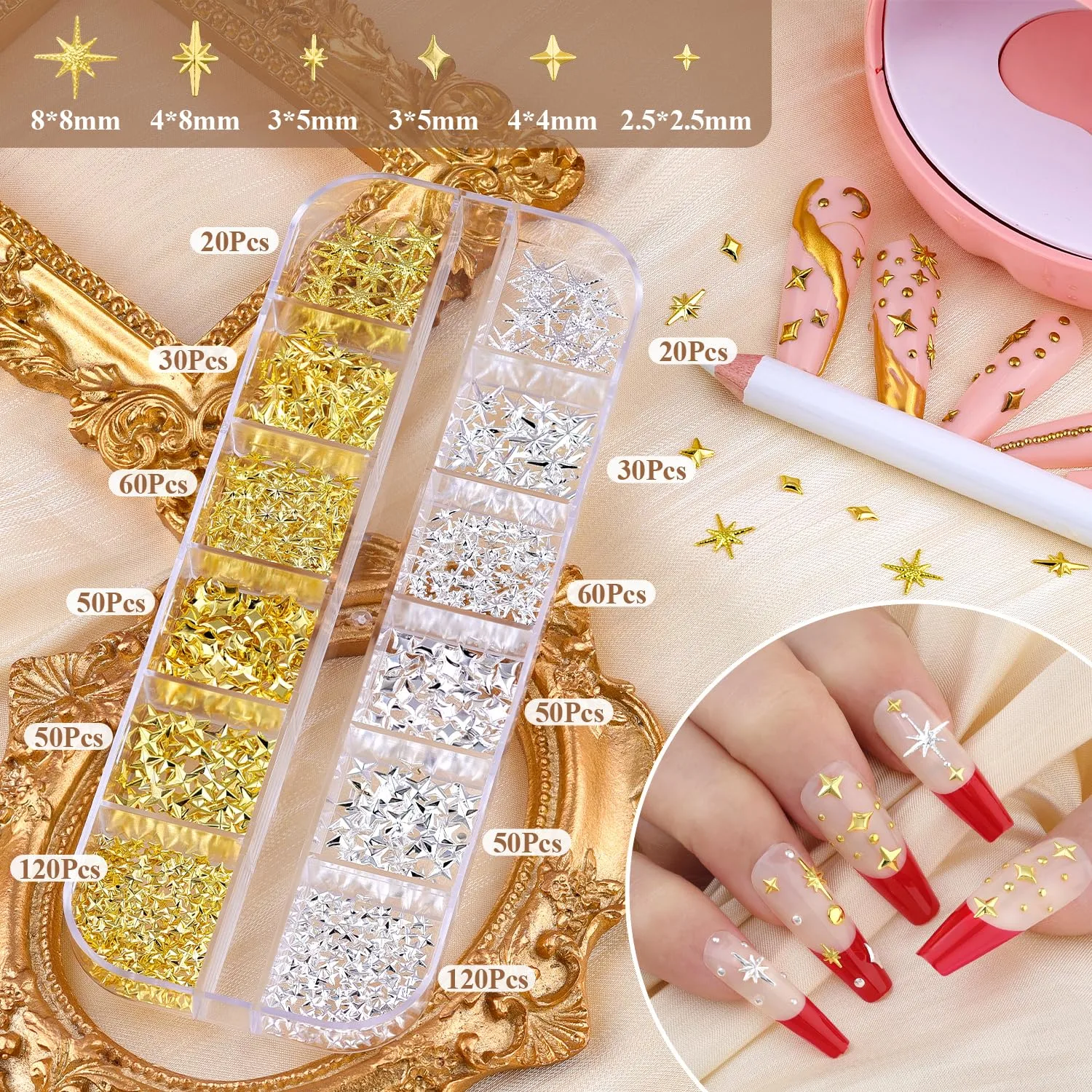 660Pcs 3D Star Nail Charms, Gold & Silver Multi-Shapes Metallic Nail Art Gems,Bedazzling Small Nail Beads Craft Jewels Y2K Cross Nail Rhinestones Accessories Decor with Tweezers and Pick-up Pencil