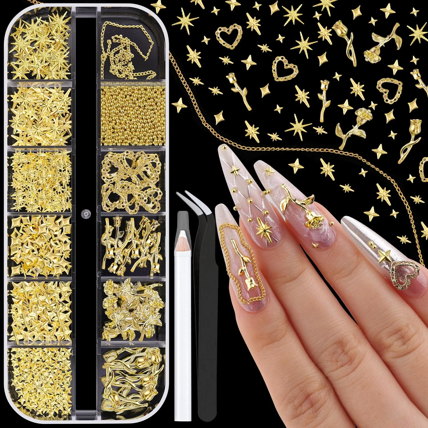 660Pcs 3D Metal Gold Nail Charms, Rose Heart Star Nail Charms Small Caviar Beads, Tiny Nail Beads Craft Rhinestones Nail Jewels, Bedazzling Nail Kit Manicure Decor with Tweezers and Pick-up Pencil