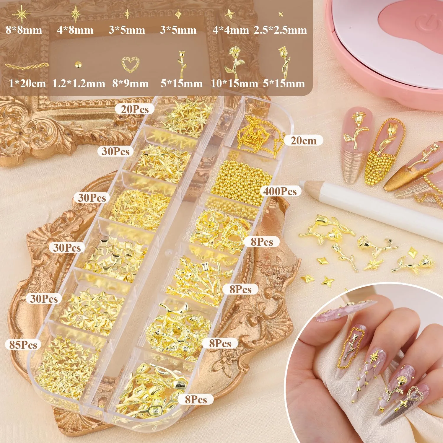 660Pcs 3D Metal Gold Nail Charms, Rose Heart Star Nail Charms Small Caviar Beads, Tiny Nail Beads Craft Rhinestones Nail Jewels, Bedazzling Nail Kit Manicure Decor with Tweezers and Pick-up Pencil