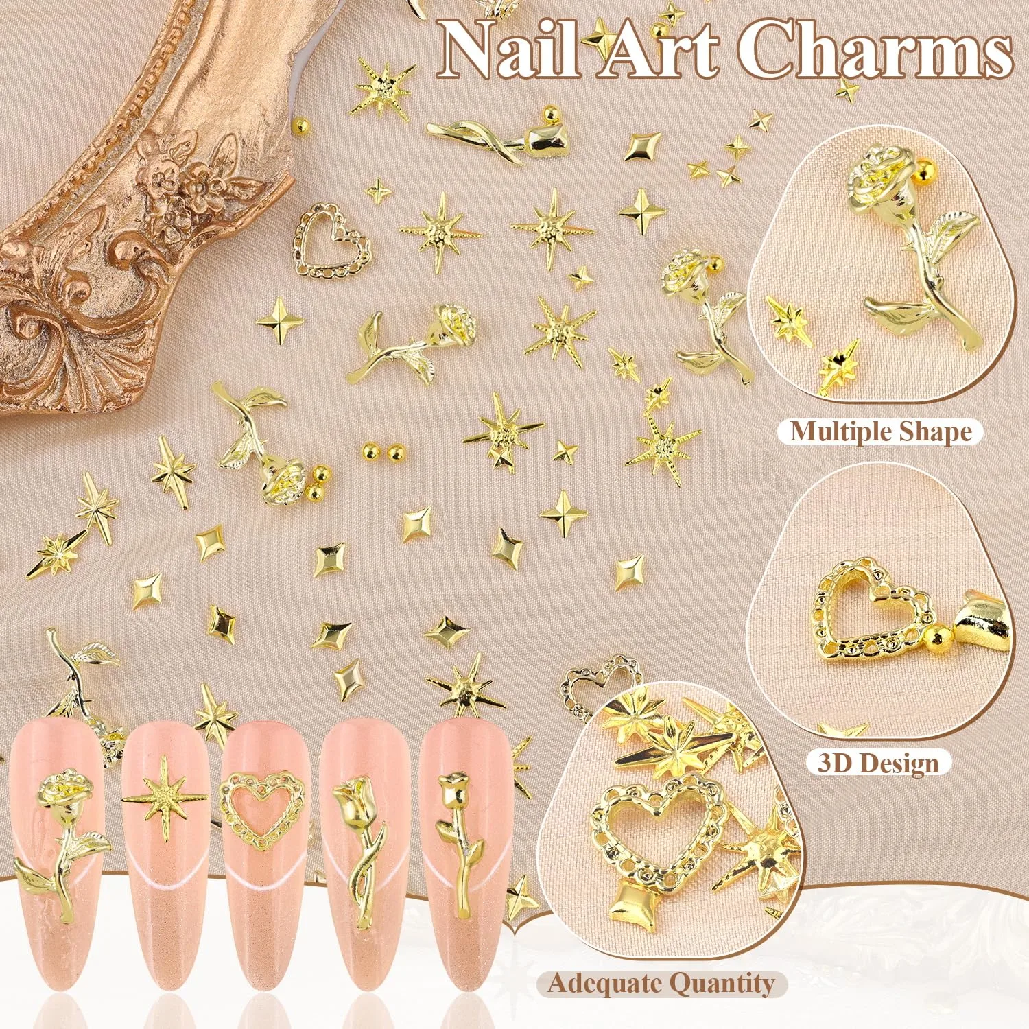 660Pcs 3D Metal Gold Nail Charms, Rose Heart Star Nail Charms Small Caviar Beads, Tiny Nail Beads Craft Rhinestones Nail Jewels, Bedazzling Nail Kit Manicure Decor with Tweezers and Pick-up Pencil