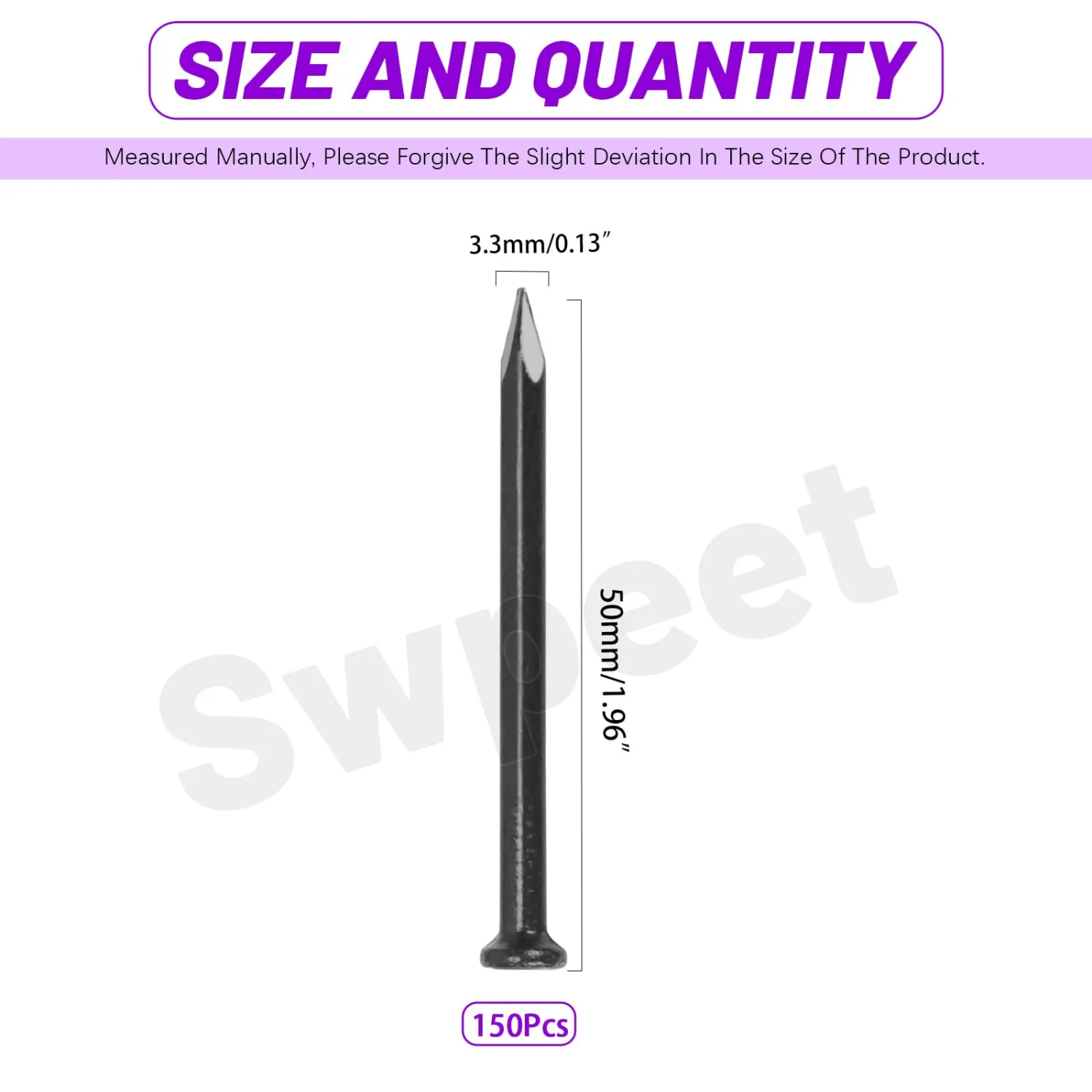 Swpeet 150Pcs 2" Black Hardware Nails Assortment Kit, Steel Nail, 3.3x50mm Galvanized Nails, Small Nails, Finishing Nails, Wall Nails, Wood Nails, Nails for Concrete Brick