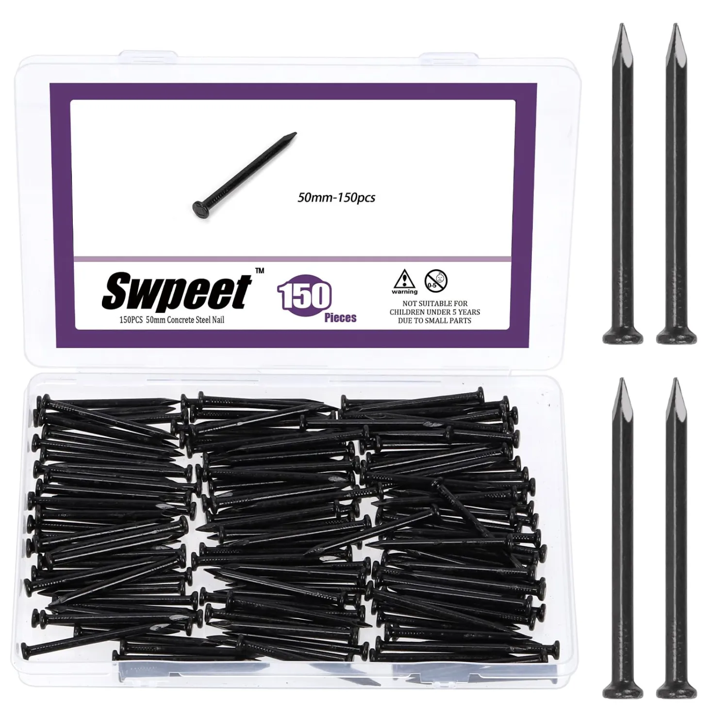 Swpeet 150Pcs 2" Black Hardware Nails Assortment Kit, Steel Nail, 3.3x50mm Galvanized Nails, Small Nails, Finishing Nails, Wall Nails, Wood Nails, Nails for Concrete Brick