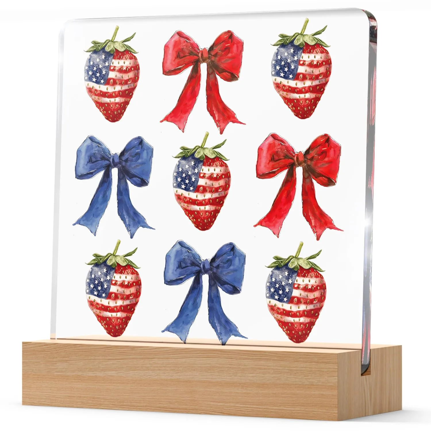4th of July Coquette Strawberry Patriotic Decorations for Independence Day Decor, American Girl Bow Gifts for Women, Labor Day Farmhouse Desk Table Decor Acrylic Plaque with Wooden Stand