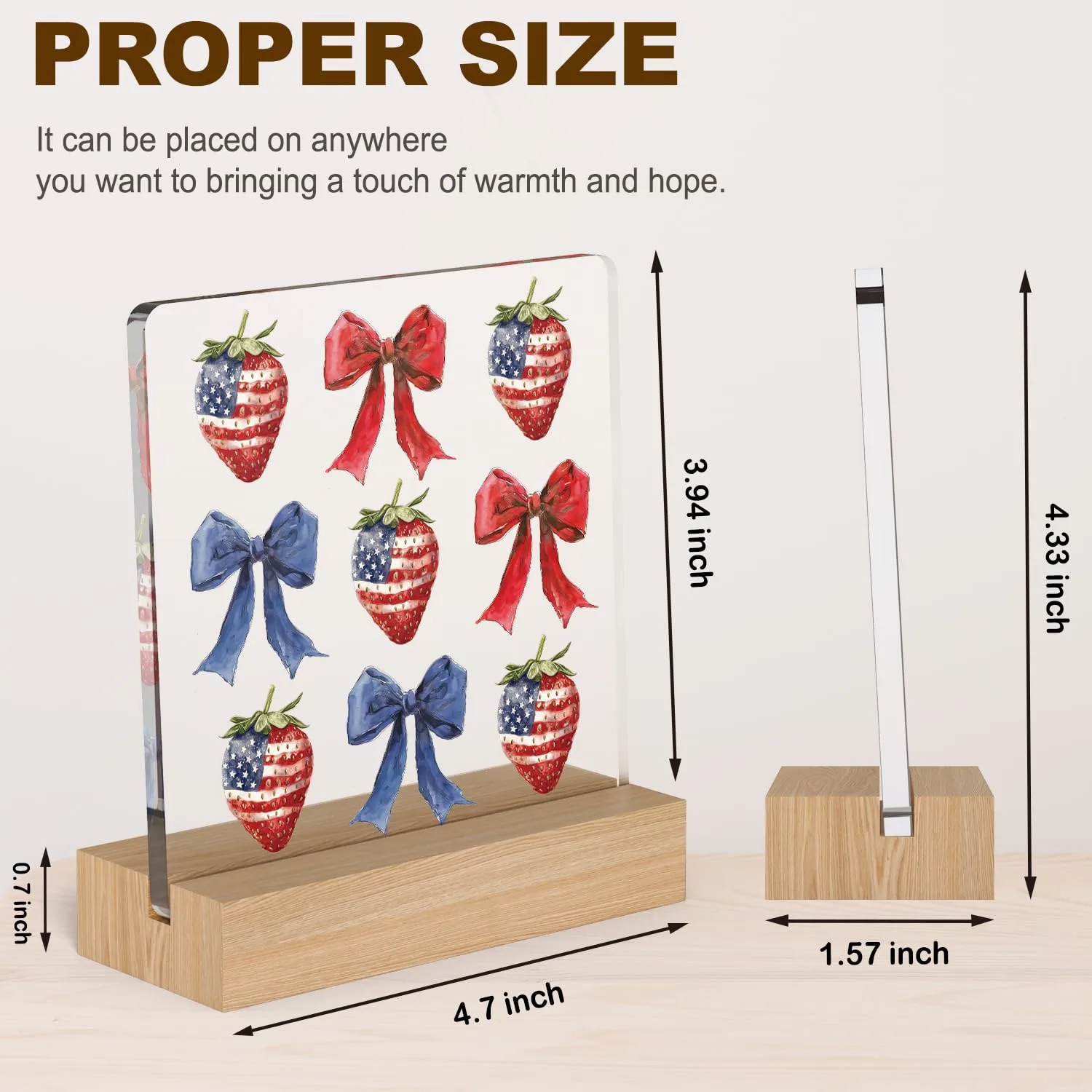4th of July Coquette Strawberry Patriotic Decorations for Independence Day Decor, American Girl Bow Gifts for Women, Labor Day Farmhouse Desk Table Decor Acrylic Plaque with Wooden Stand
