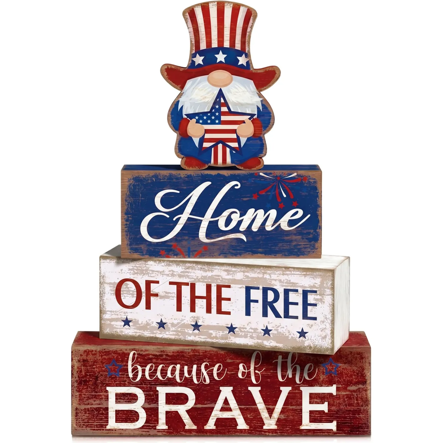 Moucuny 4 Pcs Patriotic Table Decorations Independence Day Wooden Decorative Signage 4th of July Tiered Tray Decor Star Centerpieces Home of the Free for 250th Anniversary Home Office