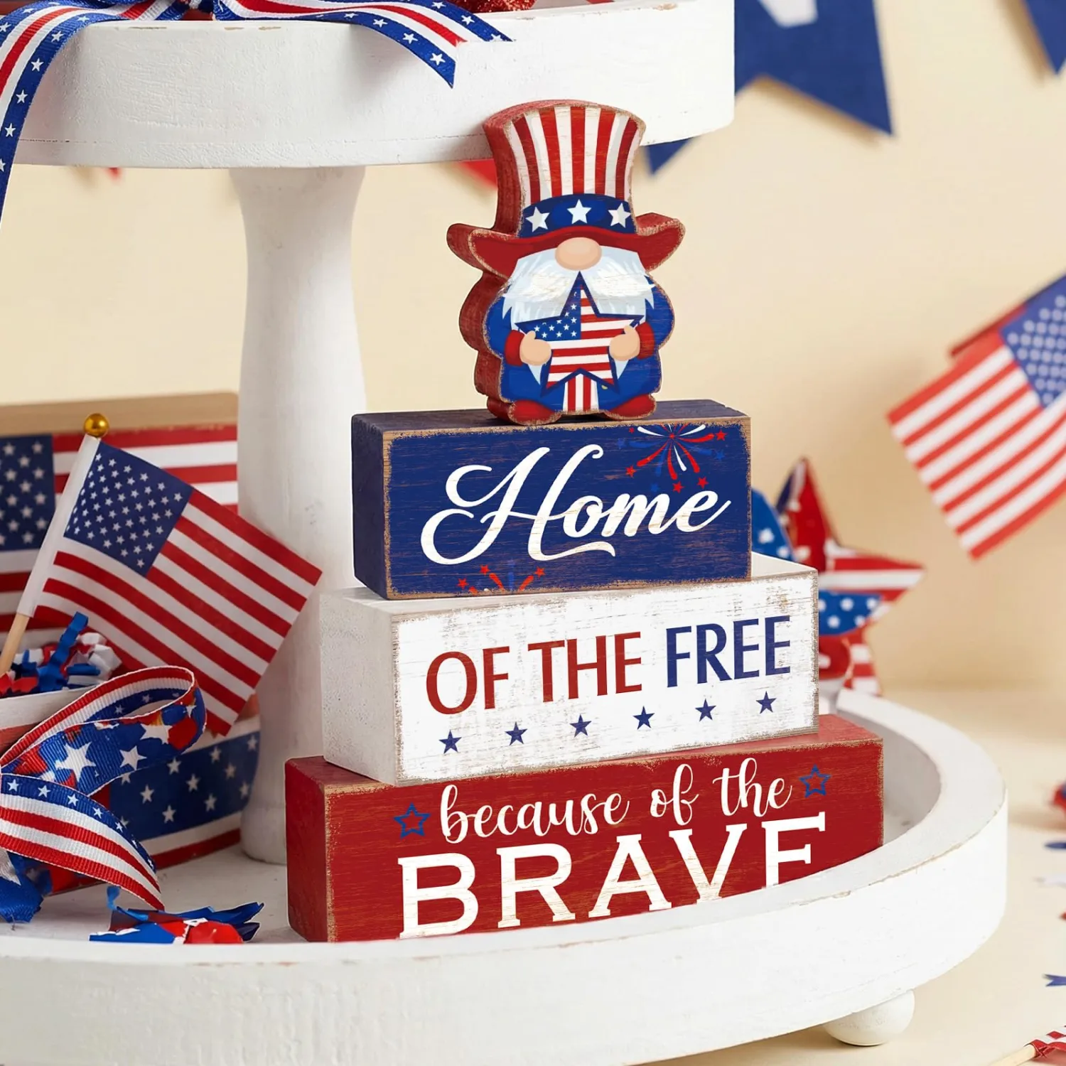 Moucuny 4 Pcs Patriotic Table Decorations Independence Day Wooden Decorative Signage 4th of July Tiered Tray Decor Star Centerpieces Home of the Free for 250th Anniversary Home Office