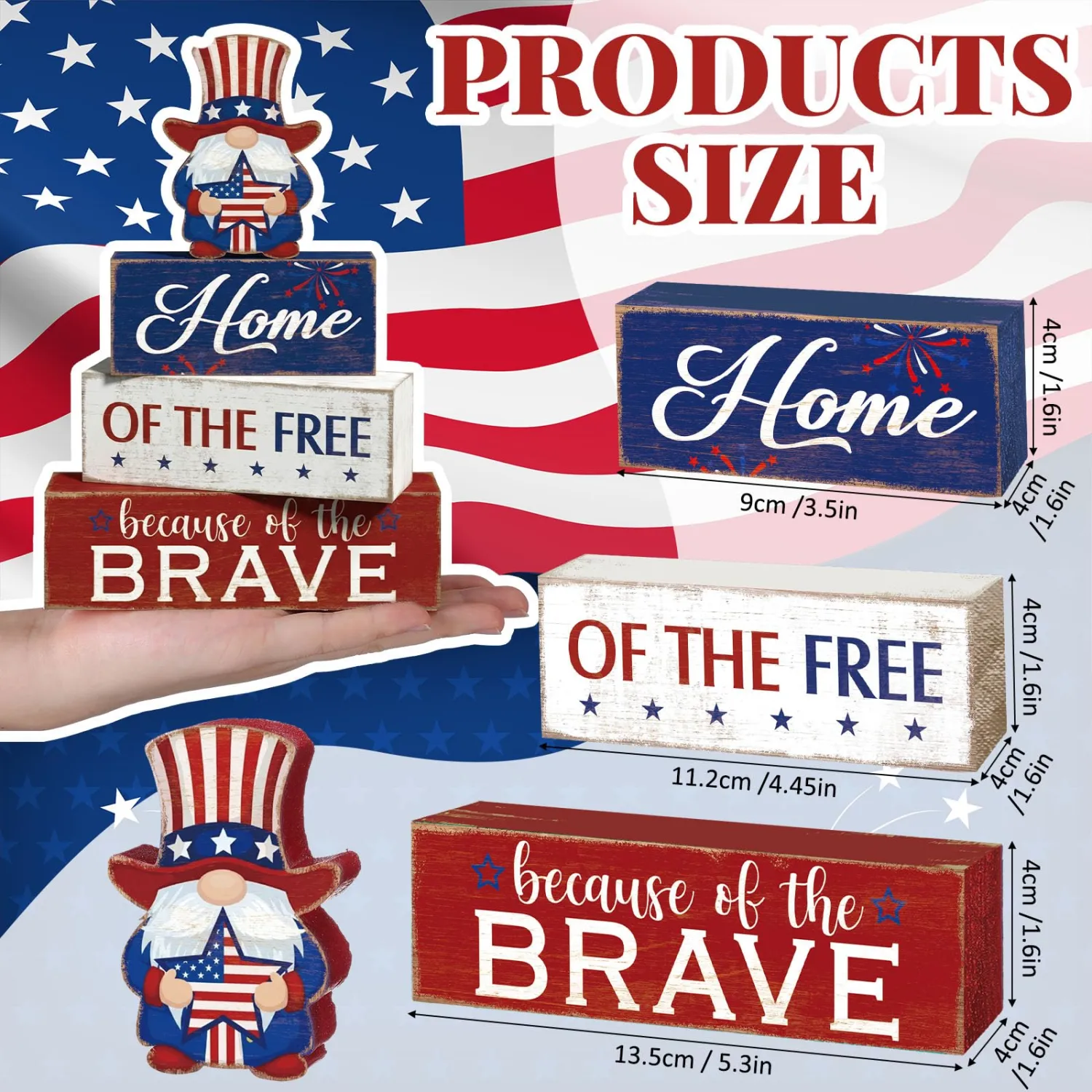 Moucuny 4 Pcs Patriotic Table Decorations Independence Day Wooden Decorative Signage 4th of July Tiered Tray Decor Star Centerpieces Home of the Free for 250th Anniversary Home Office