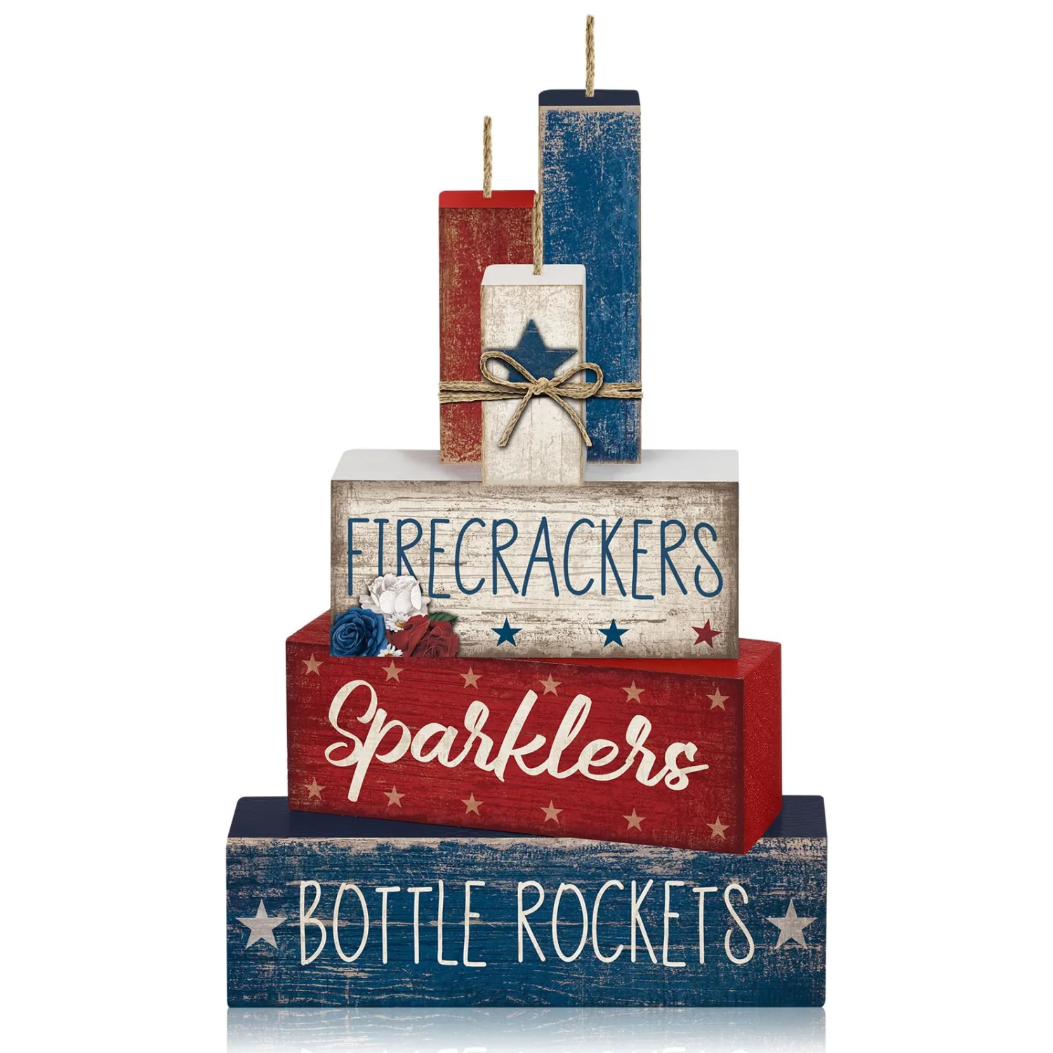 CroBlissful 4 Pcs 4th of July Decorations Patriotic Memorial Day Tabletop Decorations Red White Blue Table Centerpieces Sign for Office Tiered Tray Home Shelf 250th Anniversary(Firecrackers)