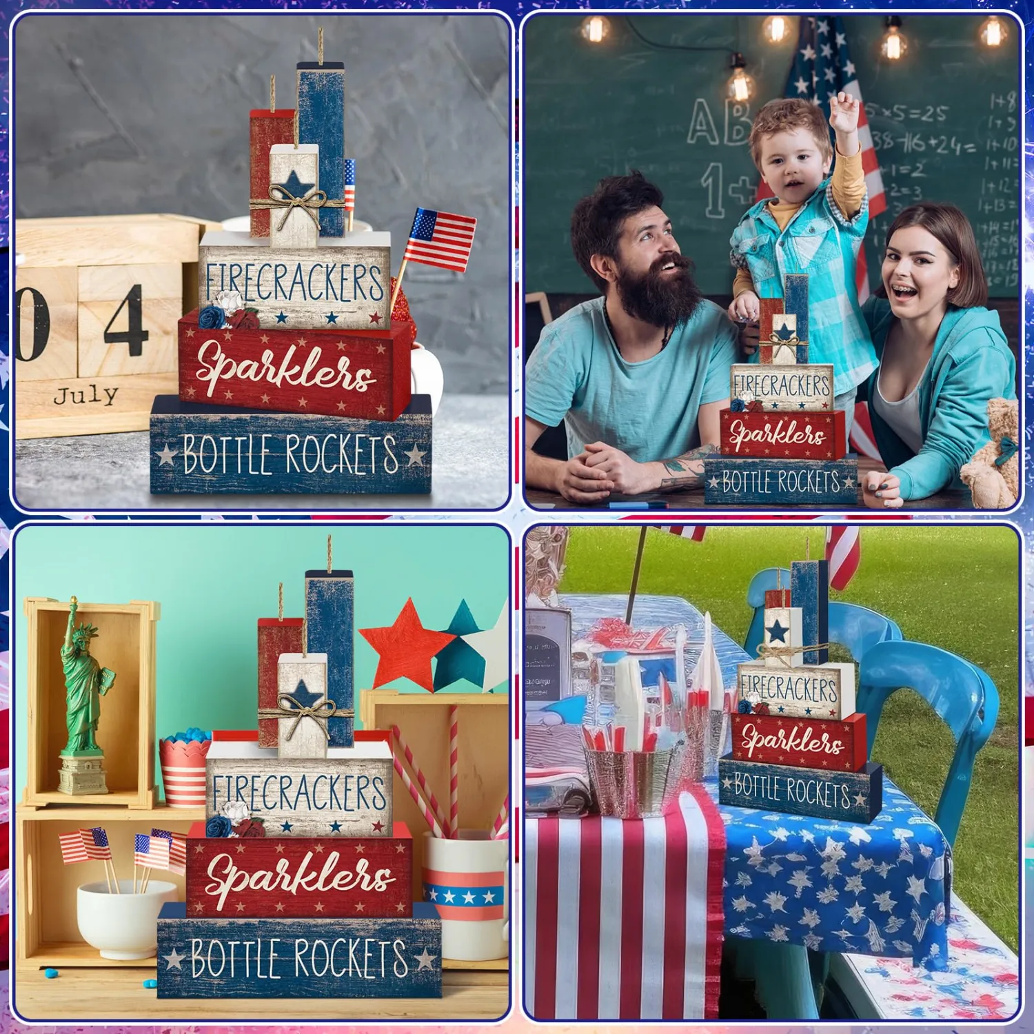 CroBlissful 4 Pcs 4th of July Decorations Patriotic Memorial Day Tabletop Decorations Red White Blue Table Centerpieces Sign for Office Tiered Tray Home Shelf 250th Anniversary(Firecrackers)