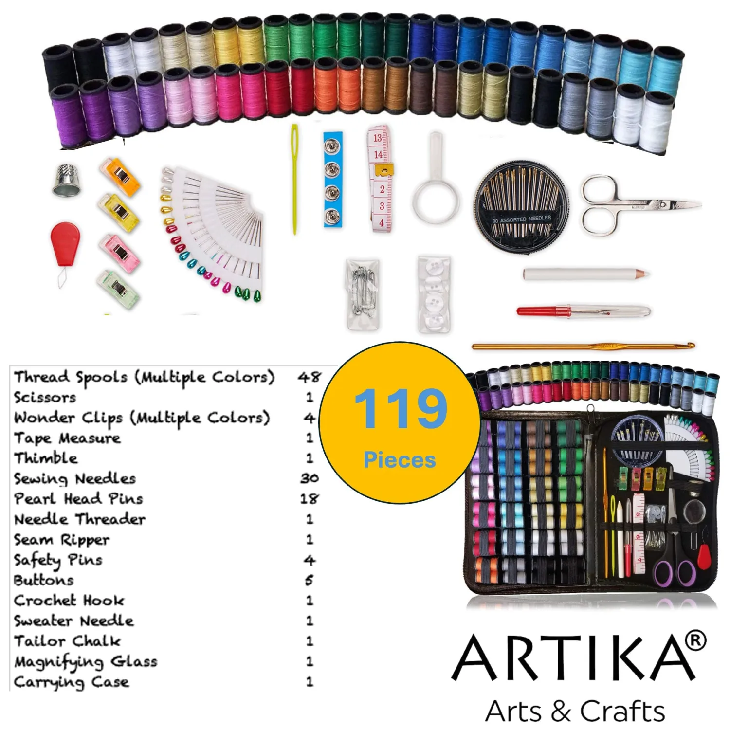 ARTIKA Sewing Kit for Adults and Kids (119 PCS) - Small Beginner Set w/Multicolor Thread, Needles, Scissors, Thimble & Clips - Emergency Repair and Travel Kits - Sewing Accessories and Supplies