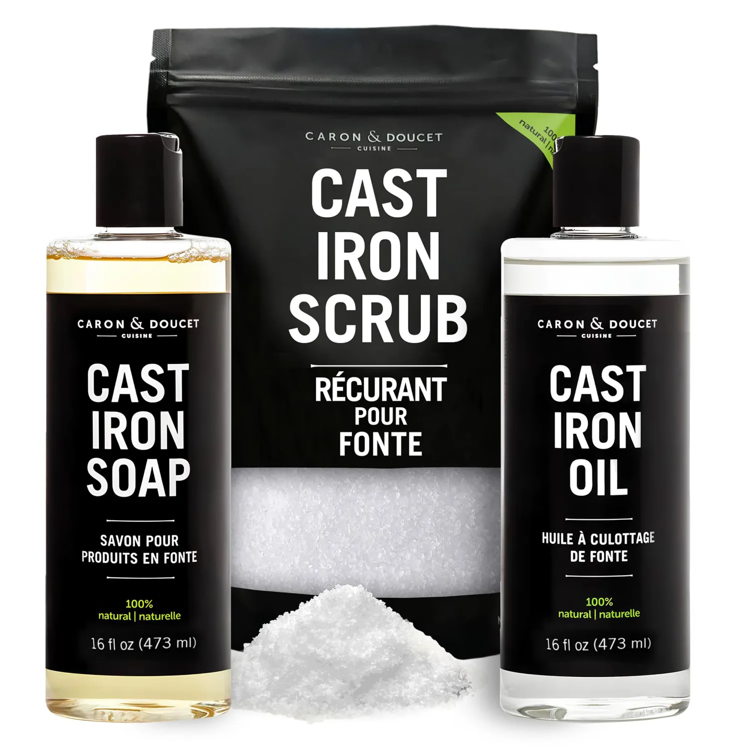 CARON & DOUCET – Ultimate Cast Iron Set PLUS: Seasoning Oil, Cleaning Soap & Restoring Scrub | 100% Plant-Based & Best for Cleaning Care, Washing, Restoring & Seasoning Skillets, Pans & Grills!