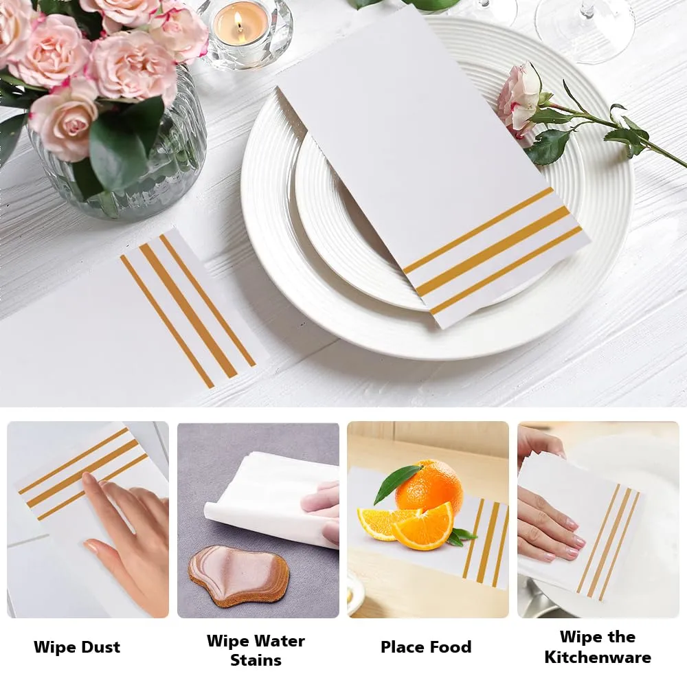 Napkins Disposable Paper Napkins 50 Pack Paper Hand Towels Absorbent Dinner Napkins White and Gold Napkin Guest Towels Tissue Party Napkin for Bathroom Dinner Wedding Kitchen Party Event Decorative