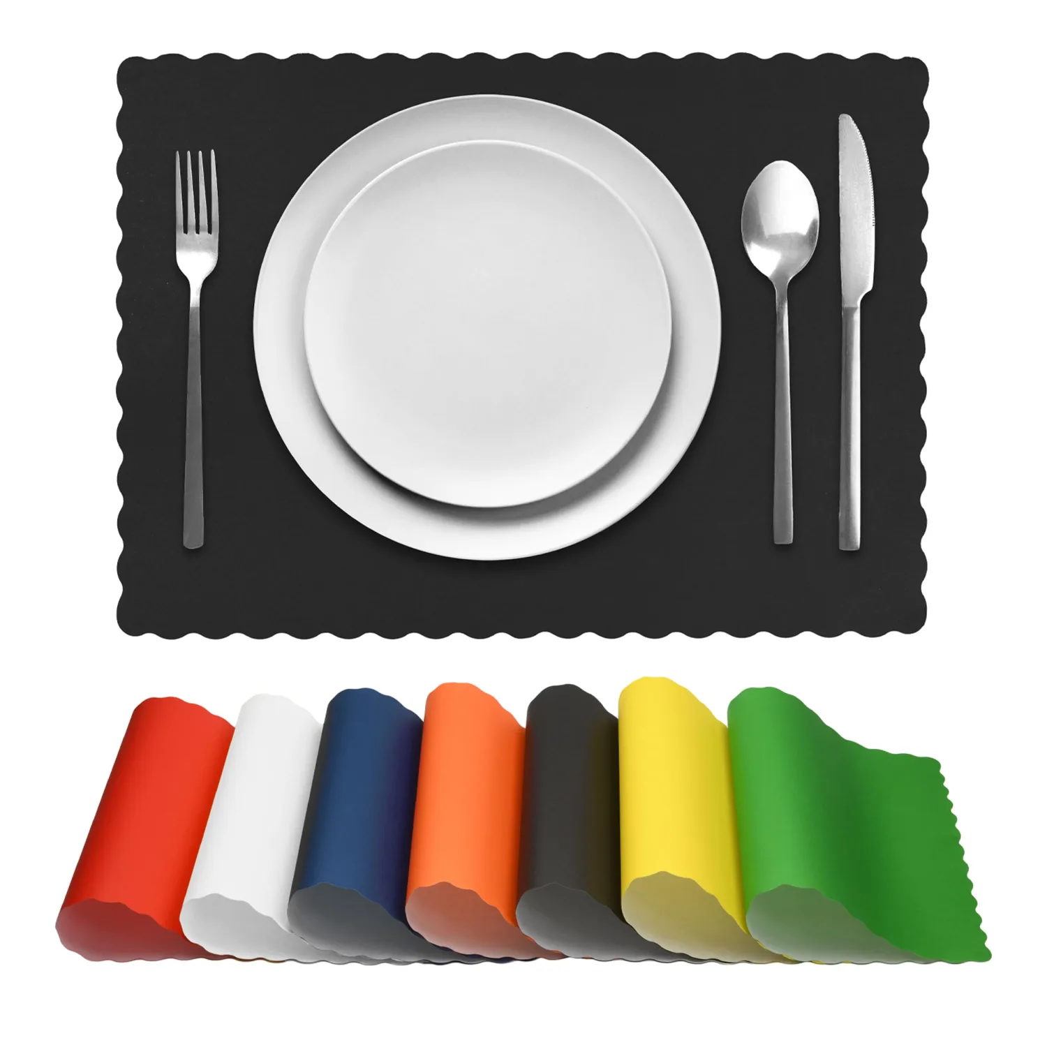 Paper Placemats for Dining Table – Disposable Scalloped Edges Color Table Mats great for Parties and Christmas Table Decorations 10"x14" 50ct ( Black )