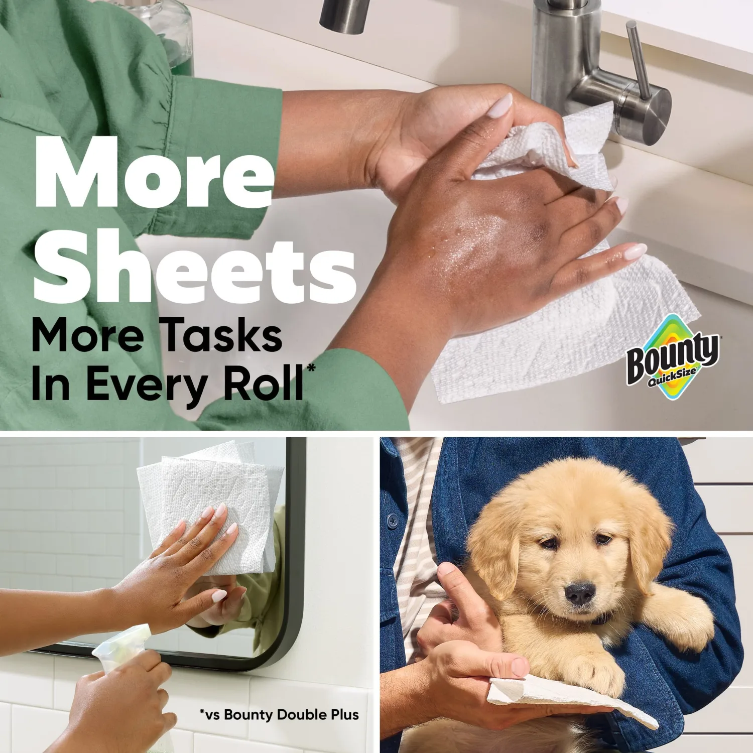 Bounty Paper Towels Quick Size, White, 2 Family Triple Rolls = 6+ Regular Rolls