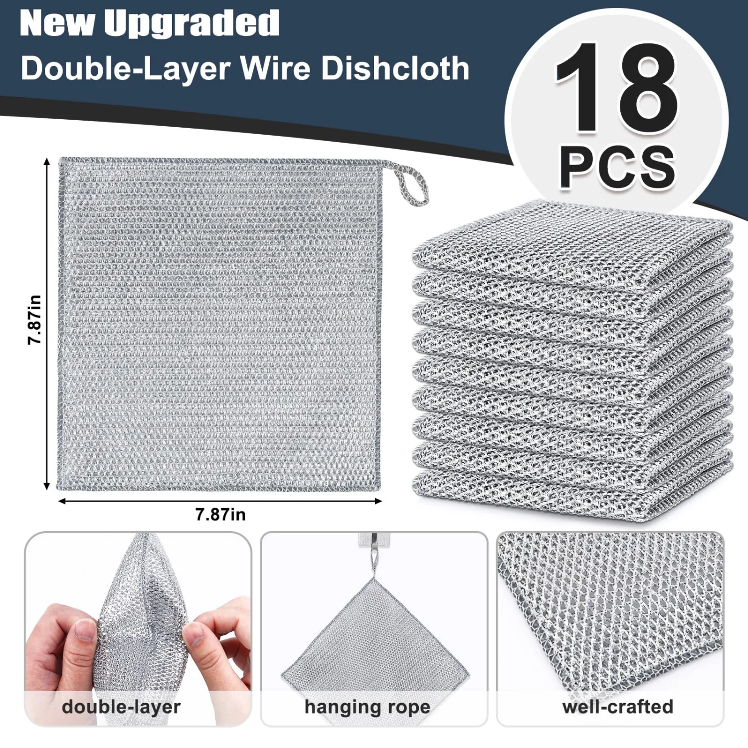 Navona 18 Pcs New Upgrade Steel Wire Dishcloth, Double-Layer Multipurpose Dishwashing Rag, Powerful Cleaning Non-Scratch Dishcloth Rag for Cookware, Sinks, Dishes, Stove Tops