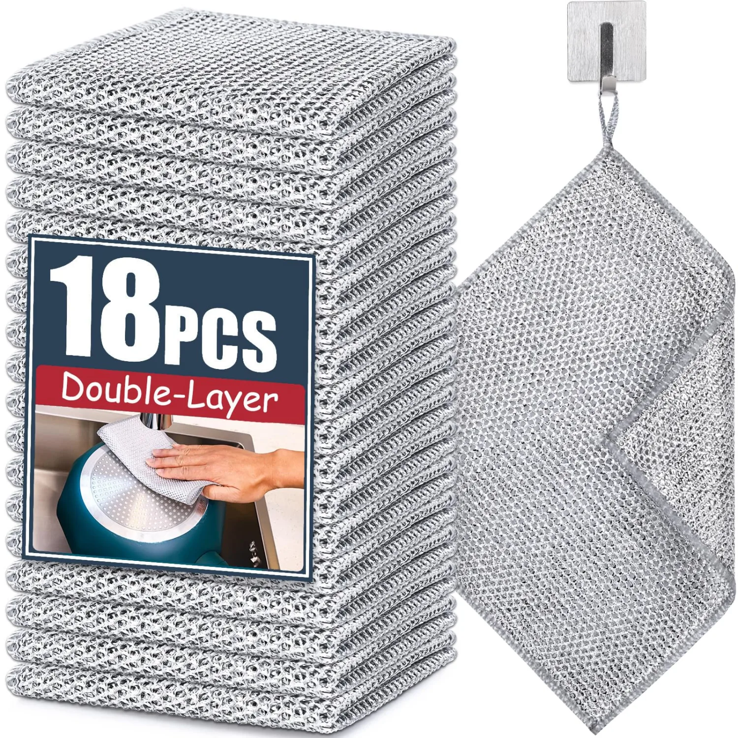 Navona 18 Pcs New Upgrade Steel Wire Dishcloth, Double-Layer Multipurpose Dishwashing Rag, Powerful Cleaning Non-Scratch Dishcloth Rag for Cookware, Sinks, Dishes, Stove Tops