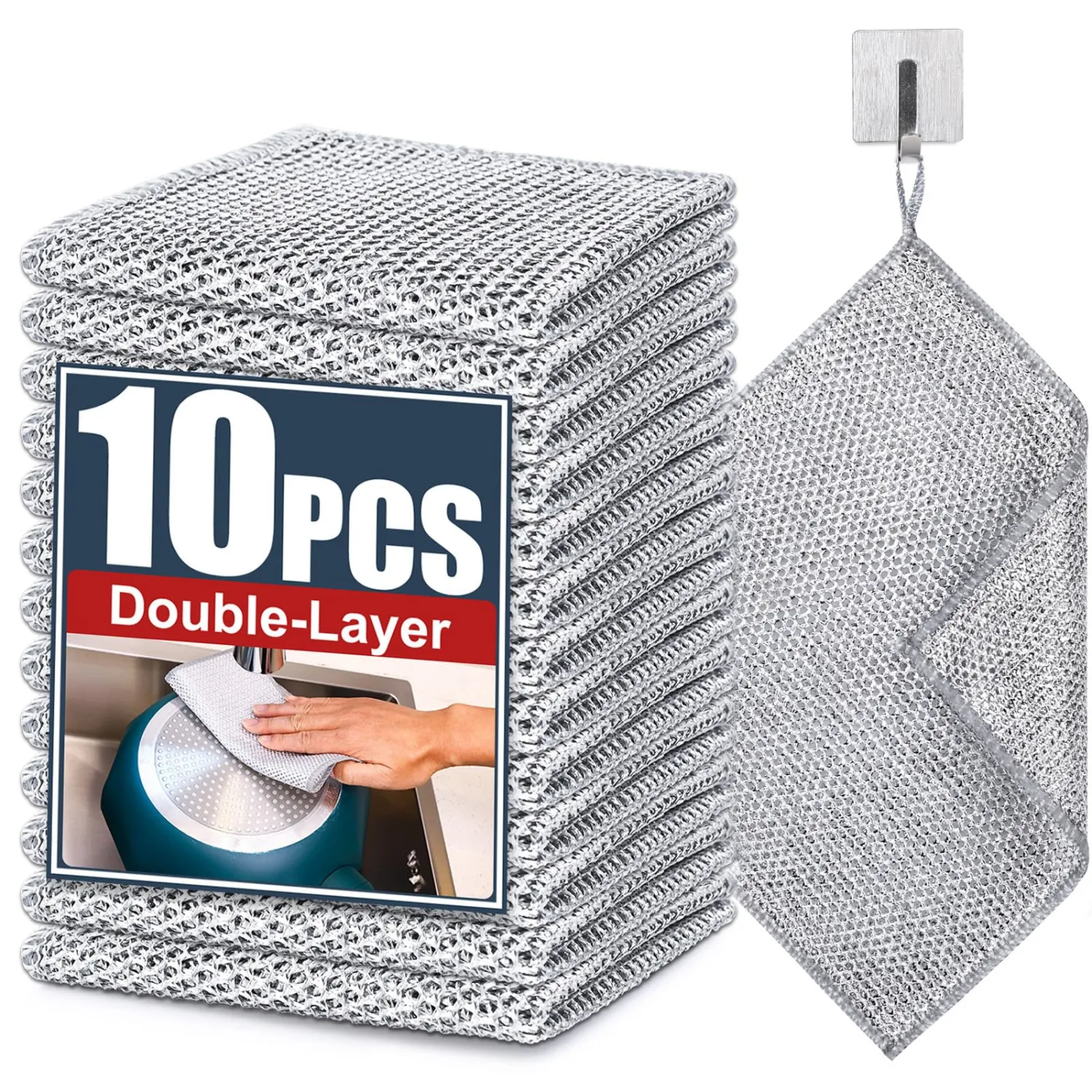 Navona 10 Pcs New Upgrade Steel Wire Dishcloth,Double-Layer Steel Wire Cleaning Cloth,Powerful Cleaning Non-Scratch Wire Dishcloth Rag for Cookware, Sinks, Dishes, Stove Tops