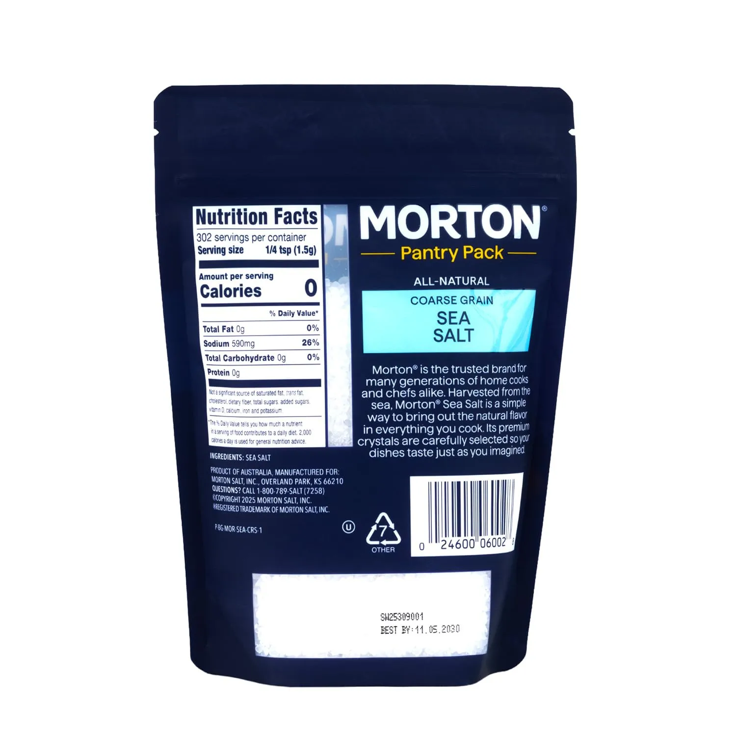 Morton Sea Salt Coarse Grain, All-Natural Sea Salt for Grinder Refill & Finishing, 1 lb Resealable Pouch, Ideal for Cooking, Seasoning & Gourmet Dishes