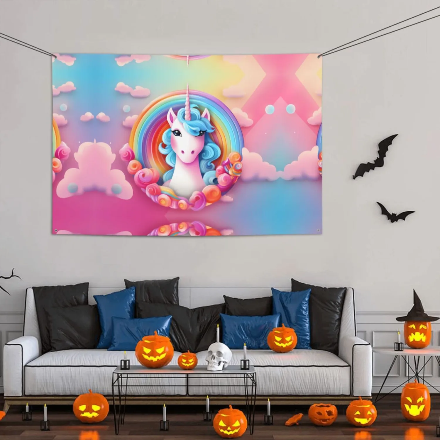 Rainbow Unicorn Party banner for birthdays, Christmas carols, graduations, and anniversaries.