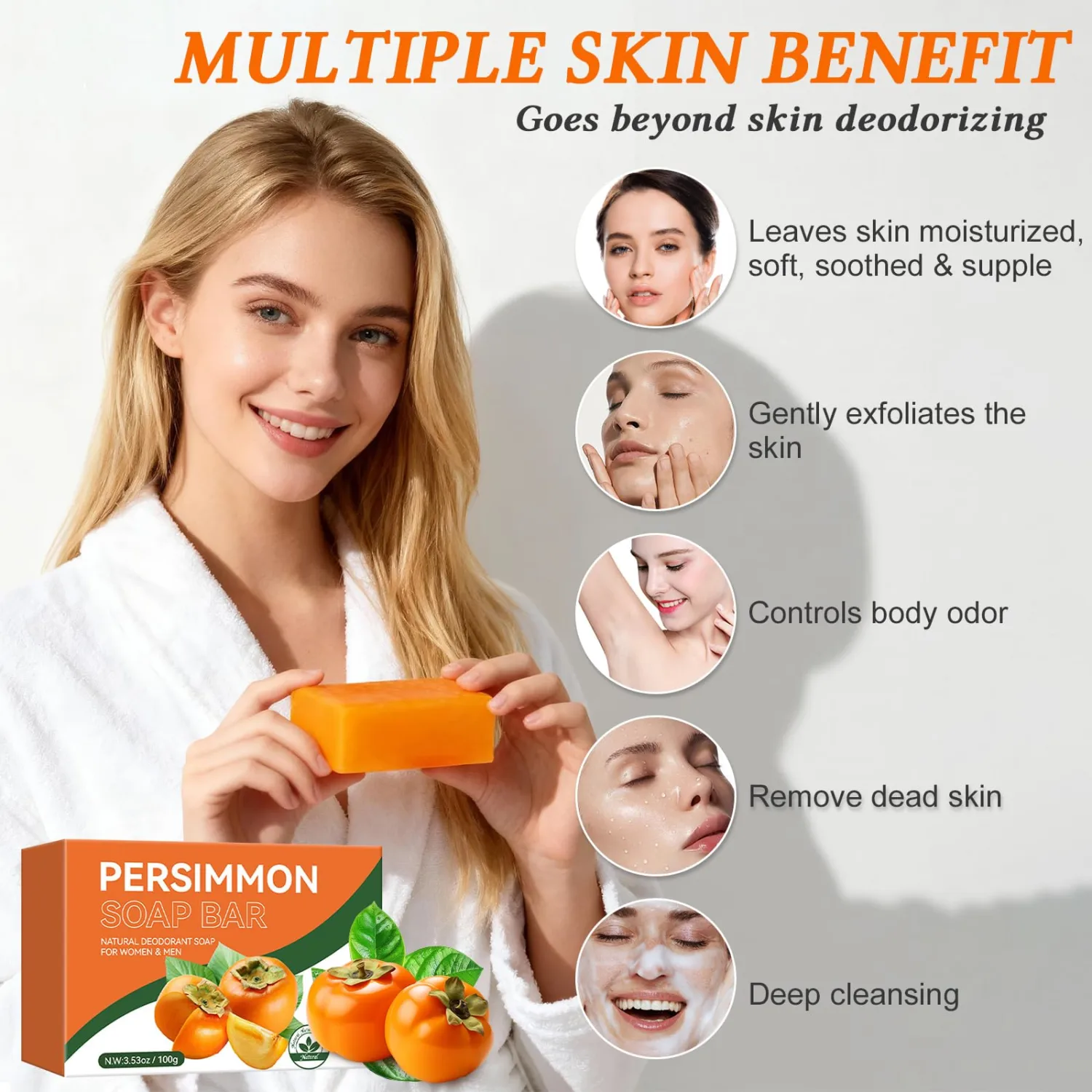 2 PCS Persimmon Soap Bar for Old People Smell, Organic Deodorant Body Face Persimmon Bar Soap for Body Odor Control, Body Wash Soap for Women & Men, Purifying Odor Eliminator, Remove Strong Smell