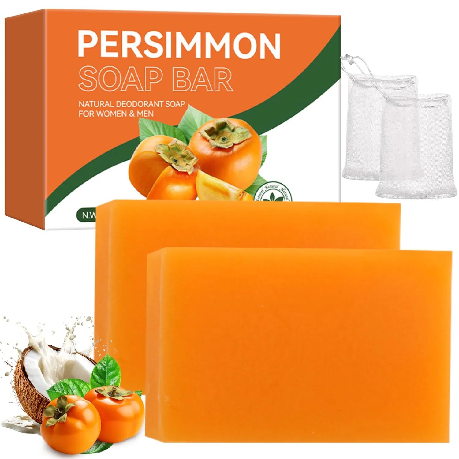 2 PCS Persimmon Soap Bar for Old People Smell, Organic Deodorant Body Face Persimmon Bar Soap for Body Odor Control, Body Wash Soap for Women & Men, Purifying Odor Eliminator, Remove Strong Smell