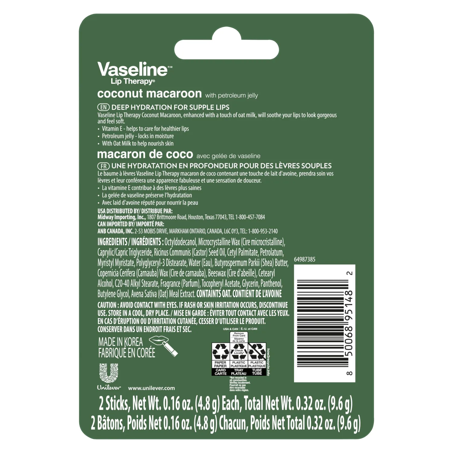 Vaseline Lip Therapy Holiday Edition Coconut Macaroon, Refreshing Hydration with Petroleum Jelly, 2 Pack with 4 Sticks, 0.16 oz Each