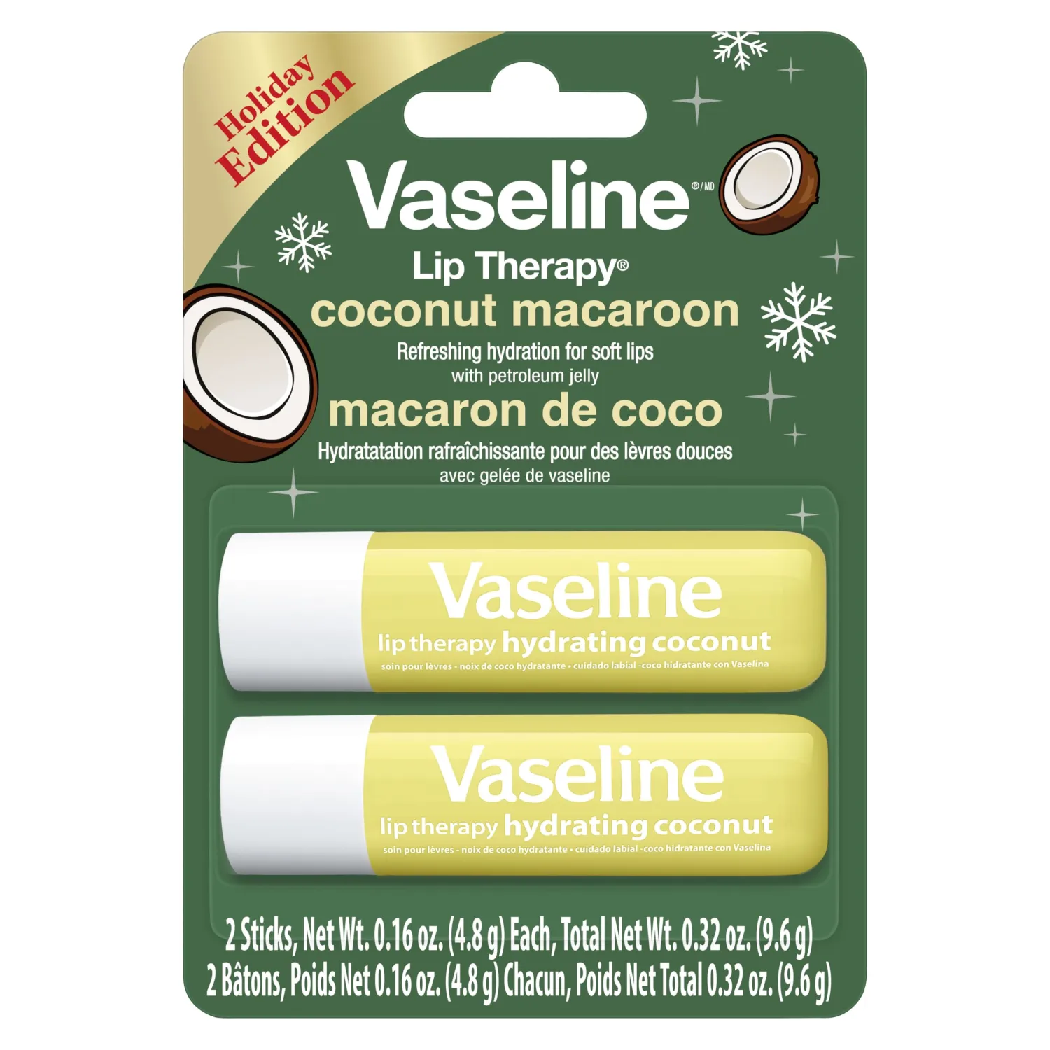 Vaseline Lip Therapy Holiday Edition Coconut Macaroon, Refreshing Hydration with Petroleum Jelly, 2 Pack with 4 Sticks, 0.16 oz Each