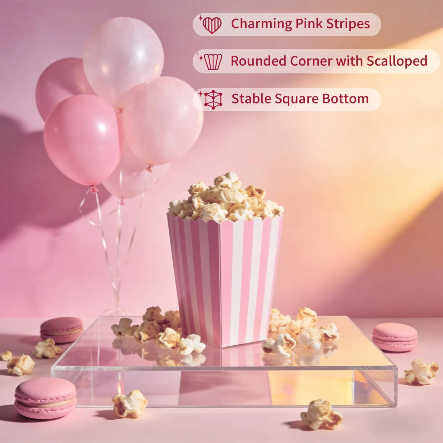 32 Pack Pink Popcorn Boxes, 4.5" x 2.8" Small Paper Popcorn Containers, Pink and White Striped Popcorn Buckets for Movie Night, Cinema, Party, Birthday