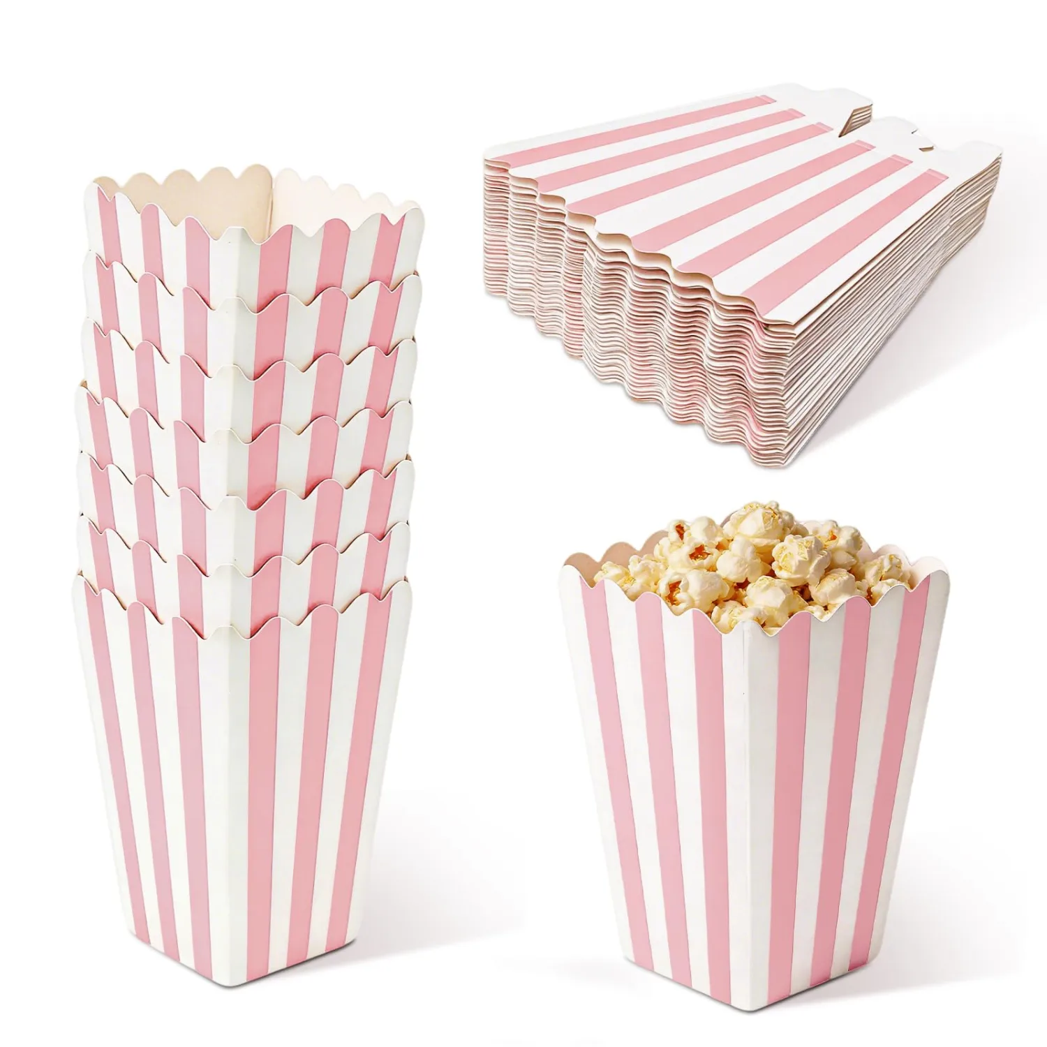 32 Pack Pink Popcorn Boxes, 4.5" x 2.8" Small Paper Popcorn Containers, Pink and White Striped Popcorn Buckets for Movie Night, Cinema, Party, Birthday