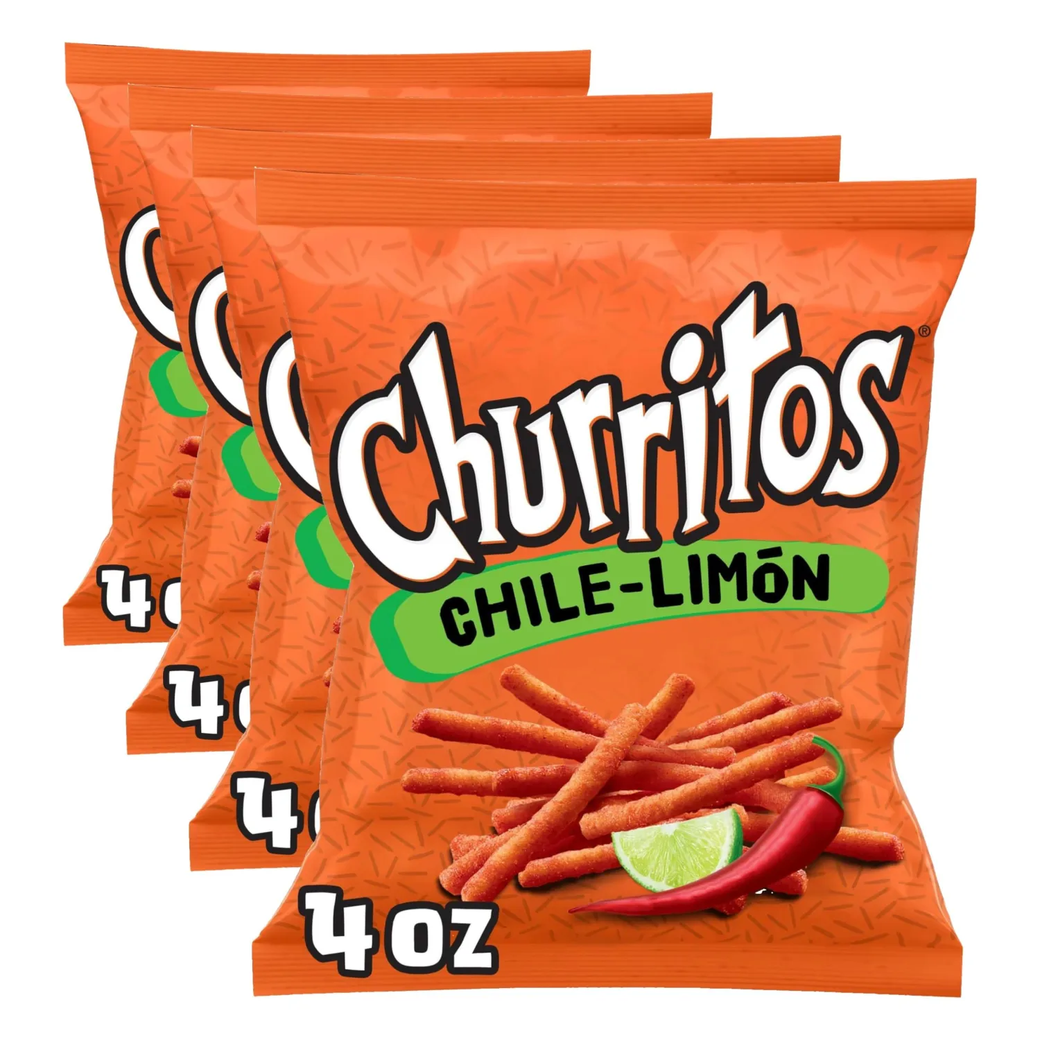 Churritos Chile-Limon, Chili Pepper & Lime Flavored Spicy Corn Sticks Snack Size Bag (Pack of 4)