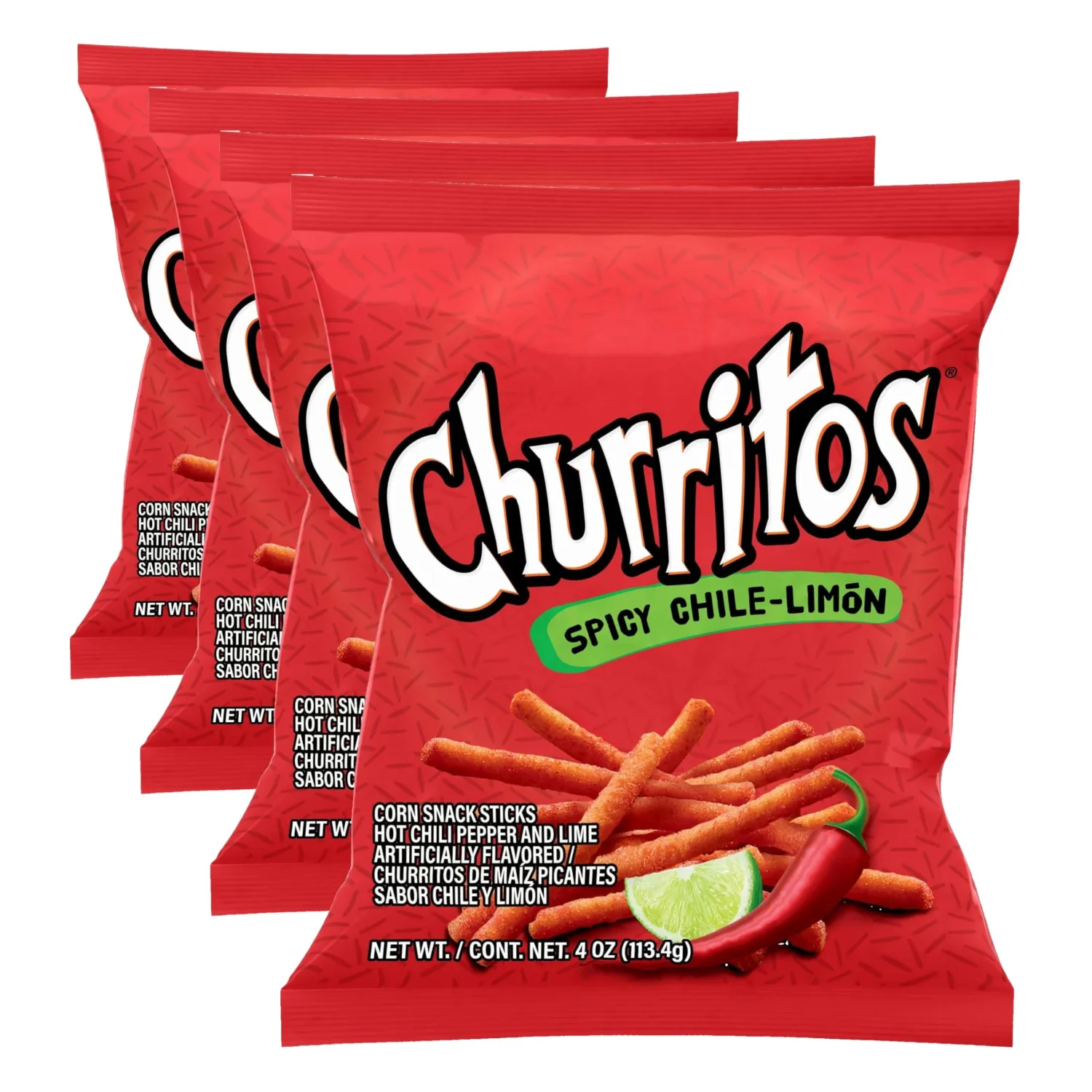 Churritos Spicy Chile-Limon, Extreme Spicy Chili Pepper & Lime Flavored Corn Sticks Snack Size Bag (Pack of 4)