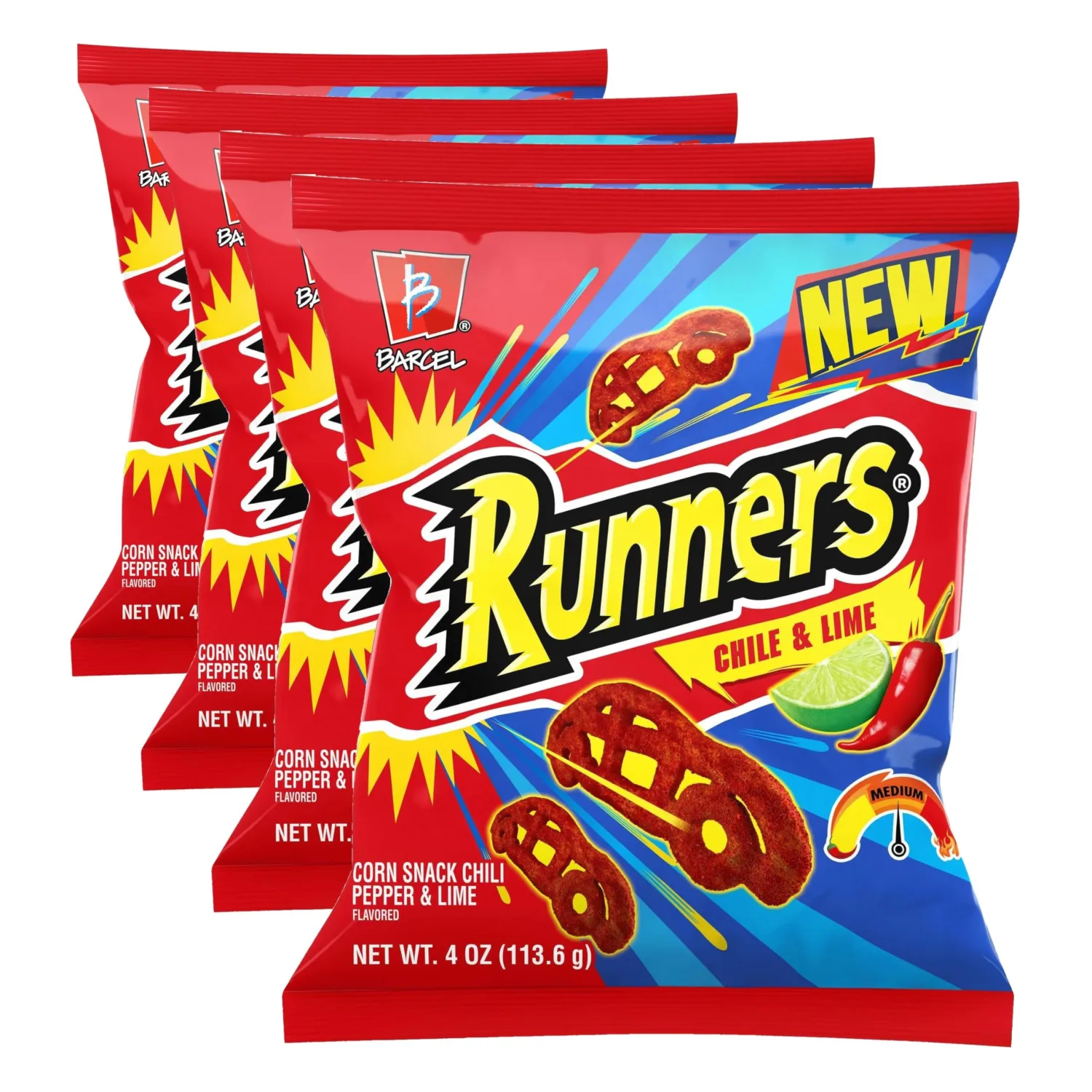 Barcel Runners - Chili Pepper & Lime Flavored Spicy Corn Snack Size Bag (Pack of 4)