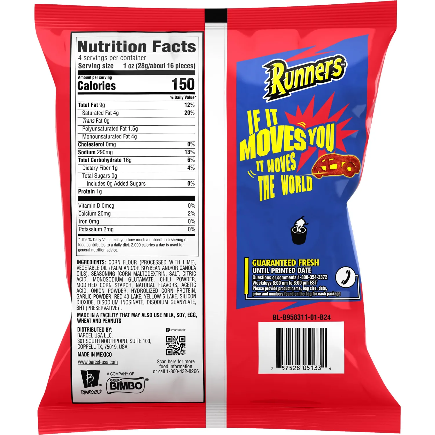 Barcel Runners - Chili Pepper & Lime Flavored Spicy Corn Snack Size Bag (Pack of 4)