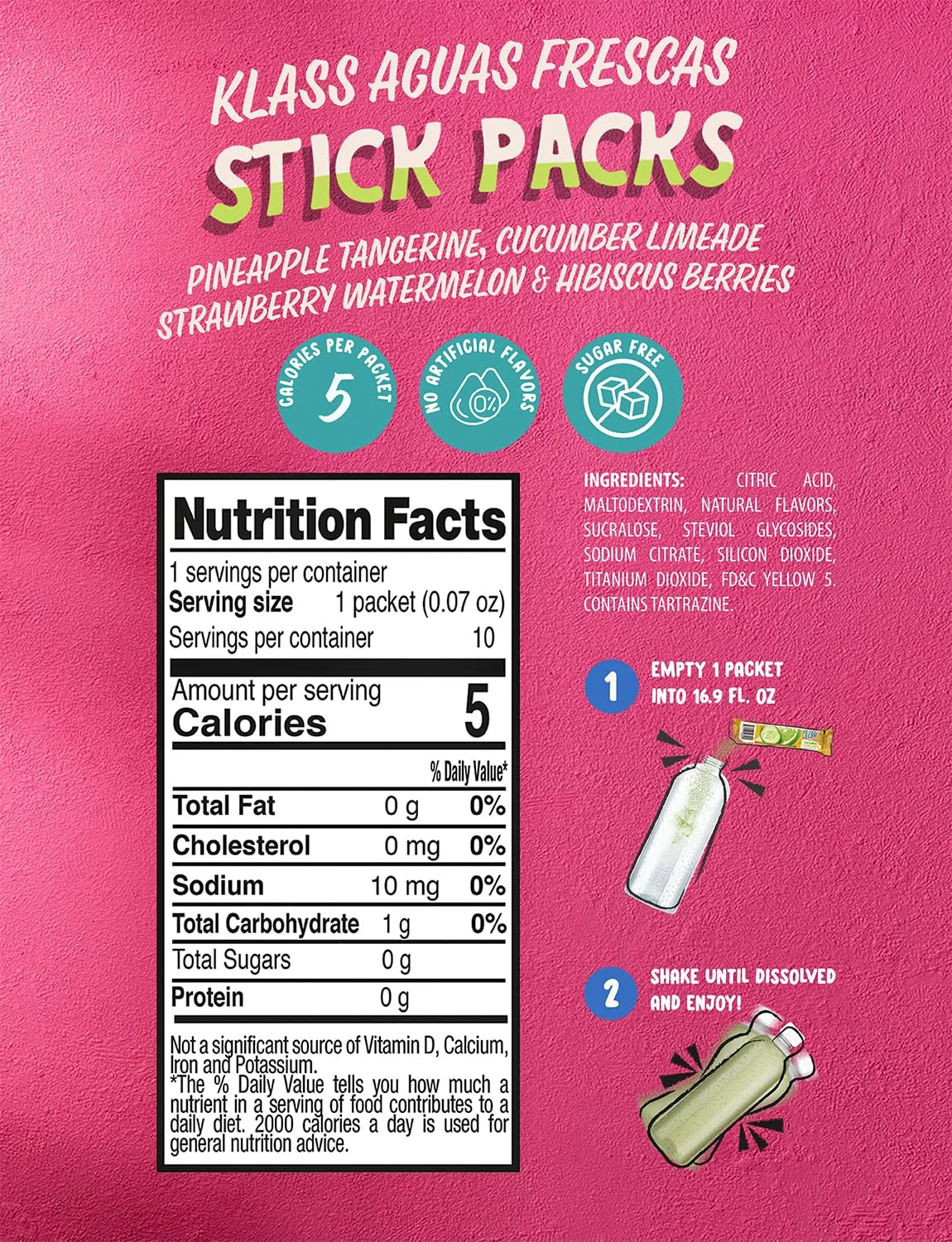 Klass Aguas Frescas, Powdered Drink Mix Variety Pack, 40 Singles Zero Sugar & Caffeine-Free Powder Packets, Water Drink Mix, Flavors: Cucumber Limeade, Strawberry Watermelon, Hibiscus Berries & Pineapple Tangerine - 5 Calories Per Packet & Natural Flavors
