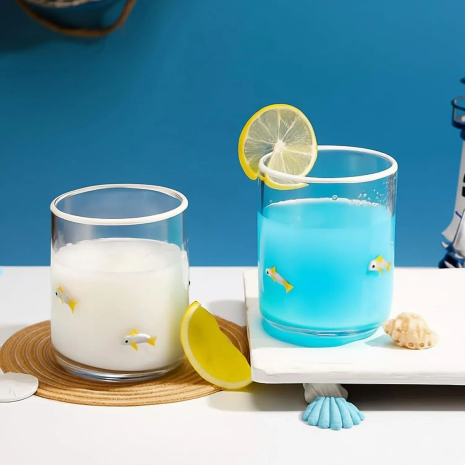 SiliFine 2 Pcs Gray Fish Icon Juice Glasses - 14oz Fish Stemless Wine Drinking Coffee Glass Cup for Home Party Supplies & Gift