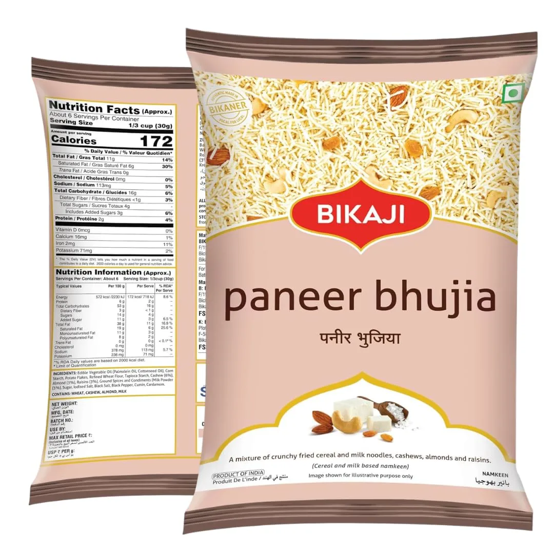 Bikaji Paneer Bhujia Mixture | 400g (14.11 oz) Bikaneri Sev Namkeen | Crunchy Indian Snack Mix | Authentic Rajasthani Namkeen | Tea-Time Snack & Chaat Topping | Vegetarian