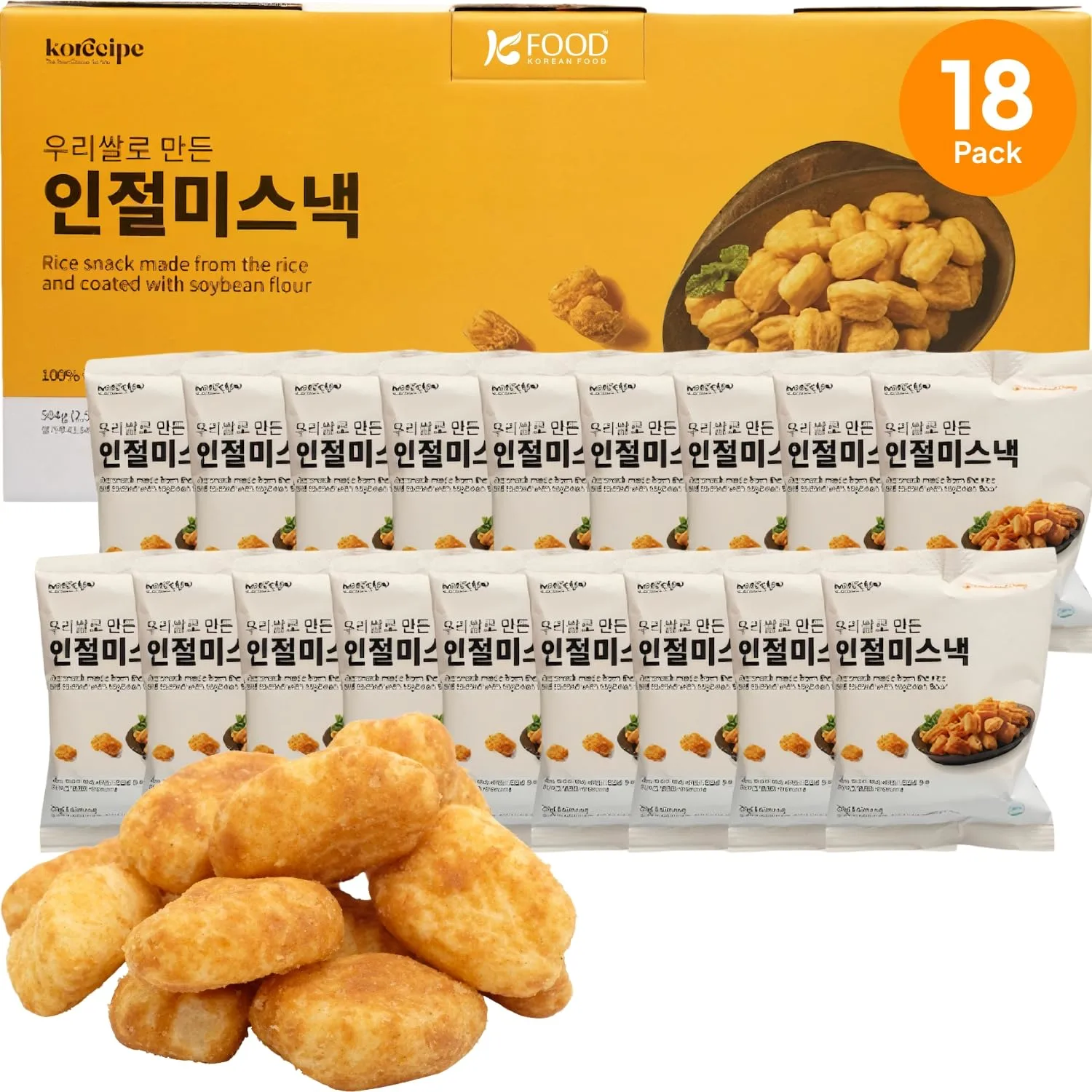 Korean Food Shinwhadang Korean Injeolmi (Korean Sweet Rice Cake) Snack (0.99 oz * 18 Packs) – Crispy Rice Snack with Roasted Soybean Coating (Total 17.8 oz)