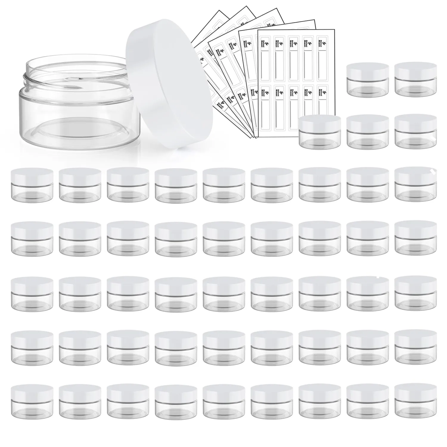 50 Pack 1 OZ Plastic Jars Round Clear Cosmetic Container Jar with White Lids, Eternal Moment Plastic Slime Jars for Lotion, Cream, Ointments, Makeup, Eye shadow, Rhinestone, Samples, Travel Storage