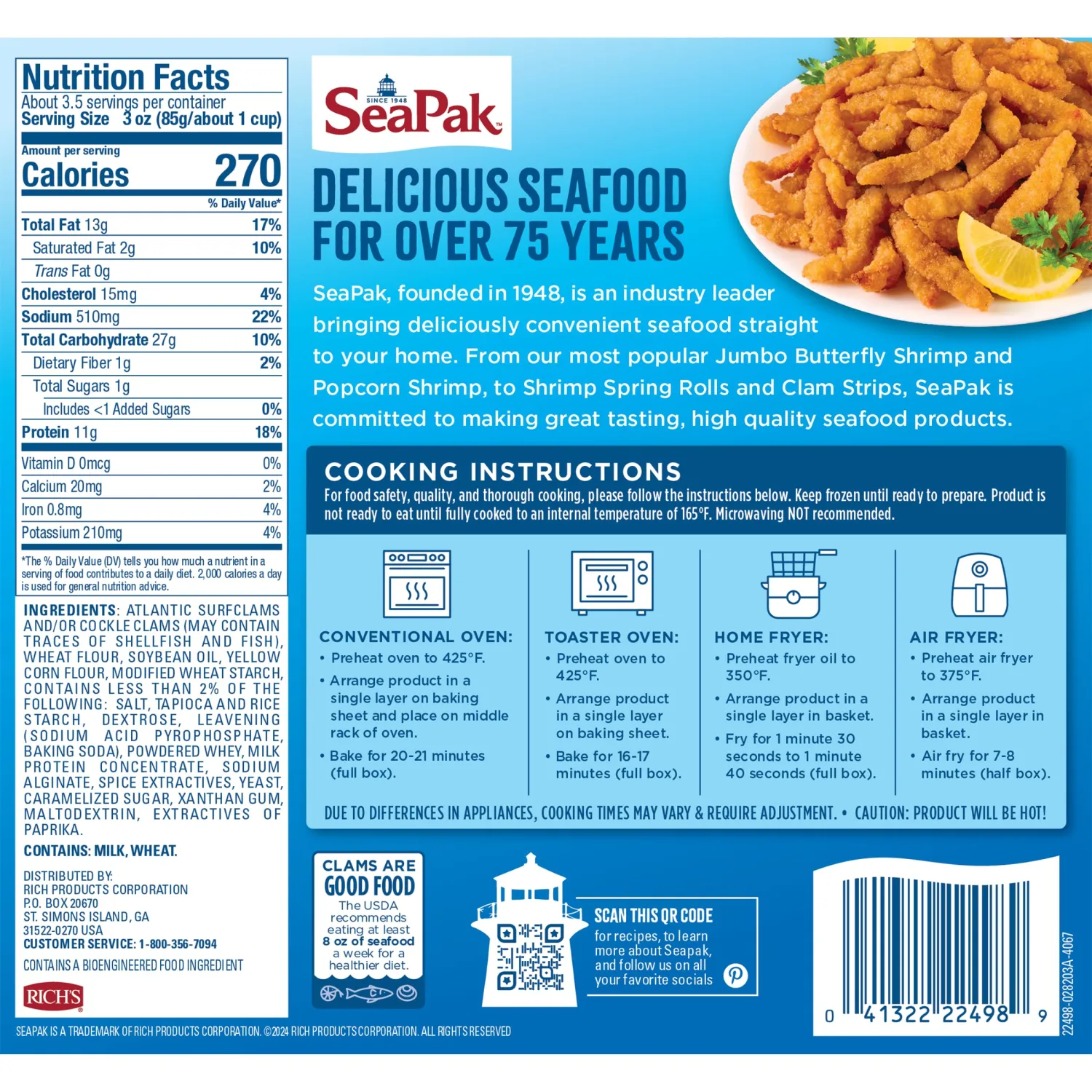 SeaPak Wild Caught Clam Strips, Clams in Oven Crunchy Breading, 10 oz