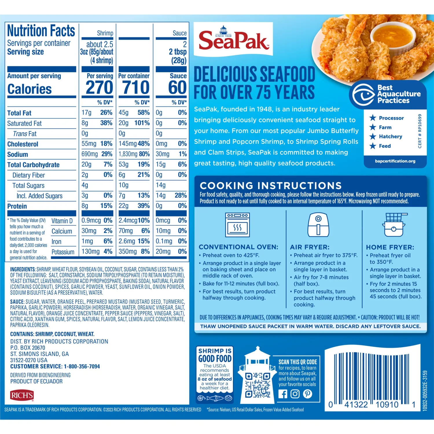 SeaPak Coconut Shrimp, Frozen Shrimp with Crispy Coconut Breading, Includes Orange Marmalade Sauce, 10 oz