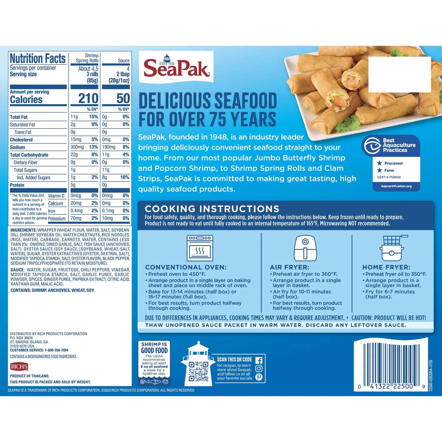 SeaPak Frozen Meals - Shrimp Spring Rolls with Sweet Chili Sauce, Easy to Bake Frozen Appetizers for Parties, 18 oz Spring Roll Delight
