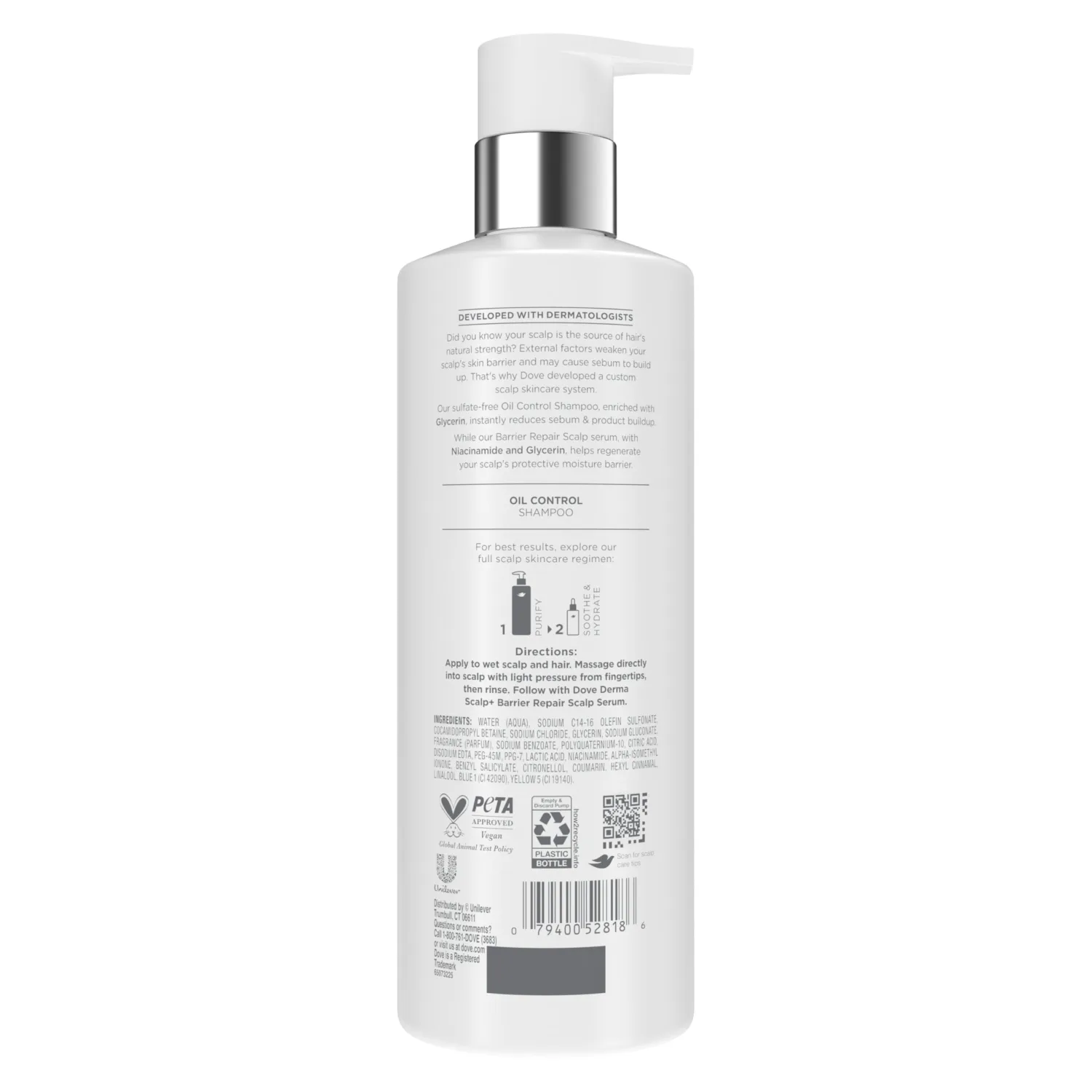 Dove Derma Scalp Oil Control Shampoo 1 ct with Glycerin, Sulfates and Niacinamide for Removing Scalp Product Buildup 16 Fl oz
