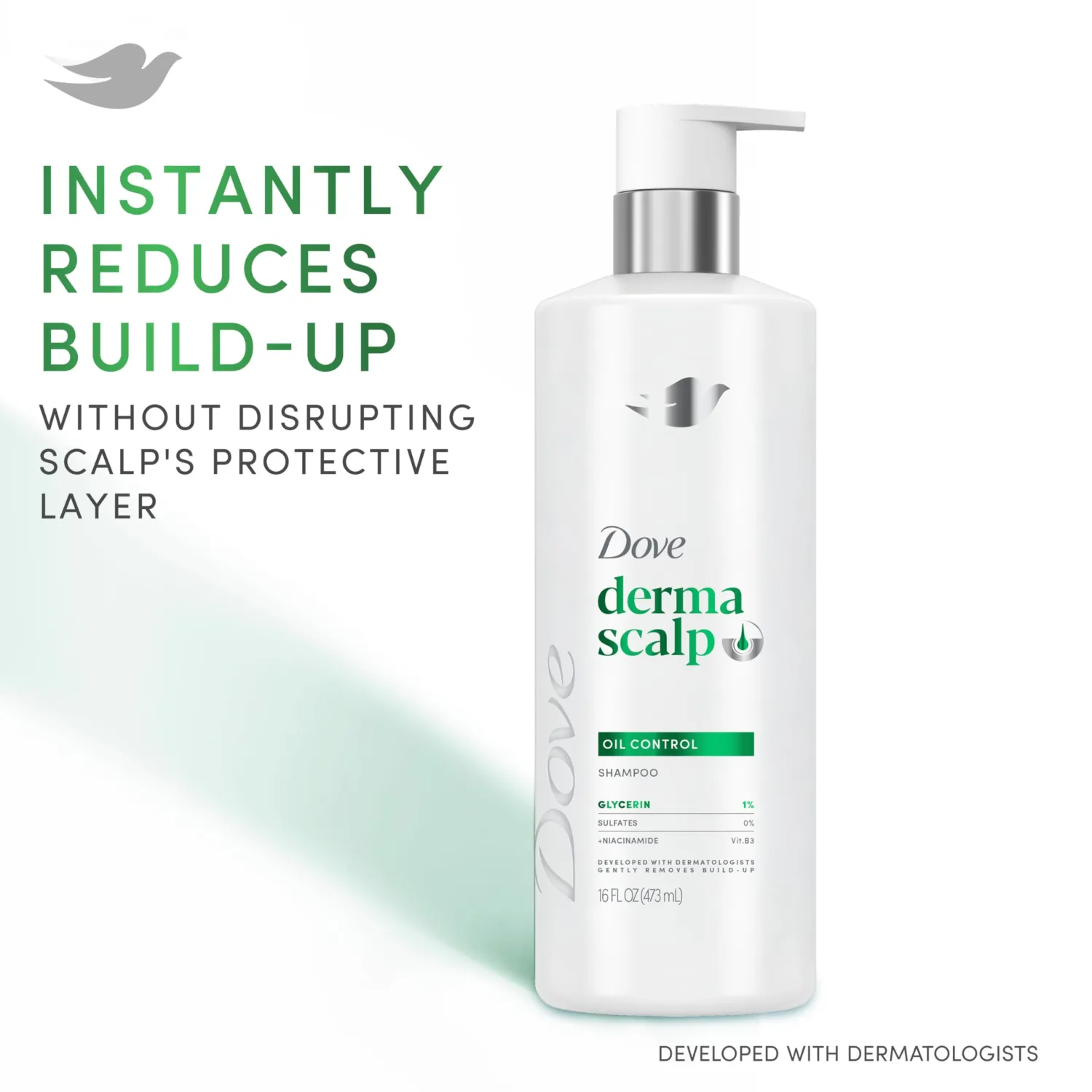 Dove Derma Scalp Oil Control Shampoo 1 ct with Glycerin, Sulfates and Niacinamide for Removing Scalp Product Buildup 16 Fl oz