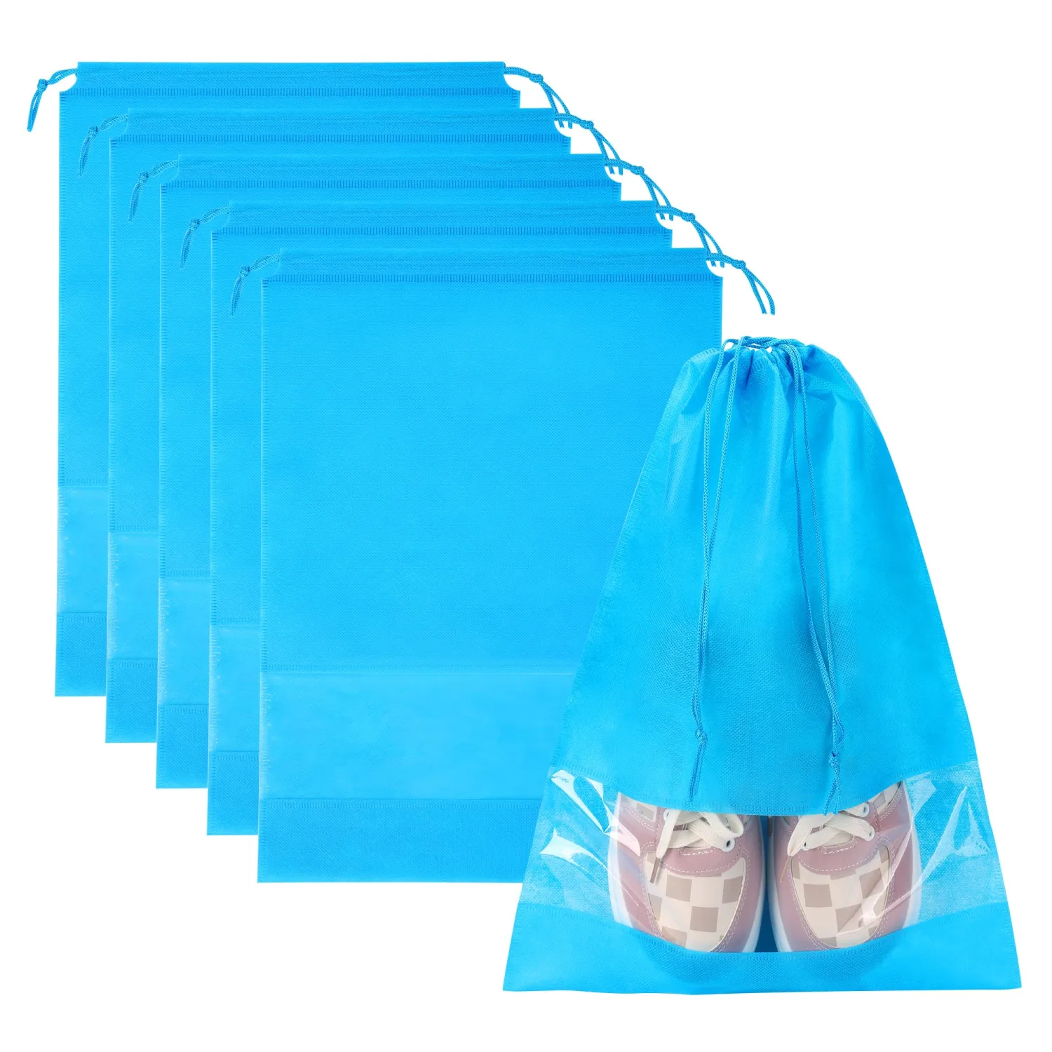 5 Pack Shoe Bags for Travel, Large Travel Shoe Bags for Packing with Clear Window, Non-Woven Dustproof Drawstring Travel Shoe Storage Bag Travel Essentials for Men & Women (5 Pack, Sky Blue)
