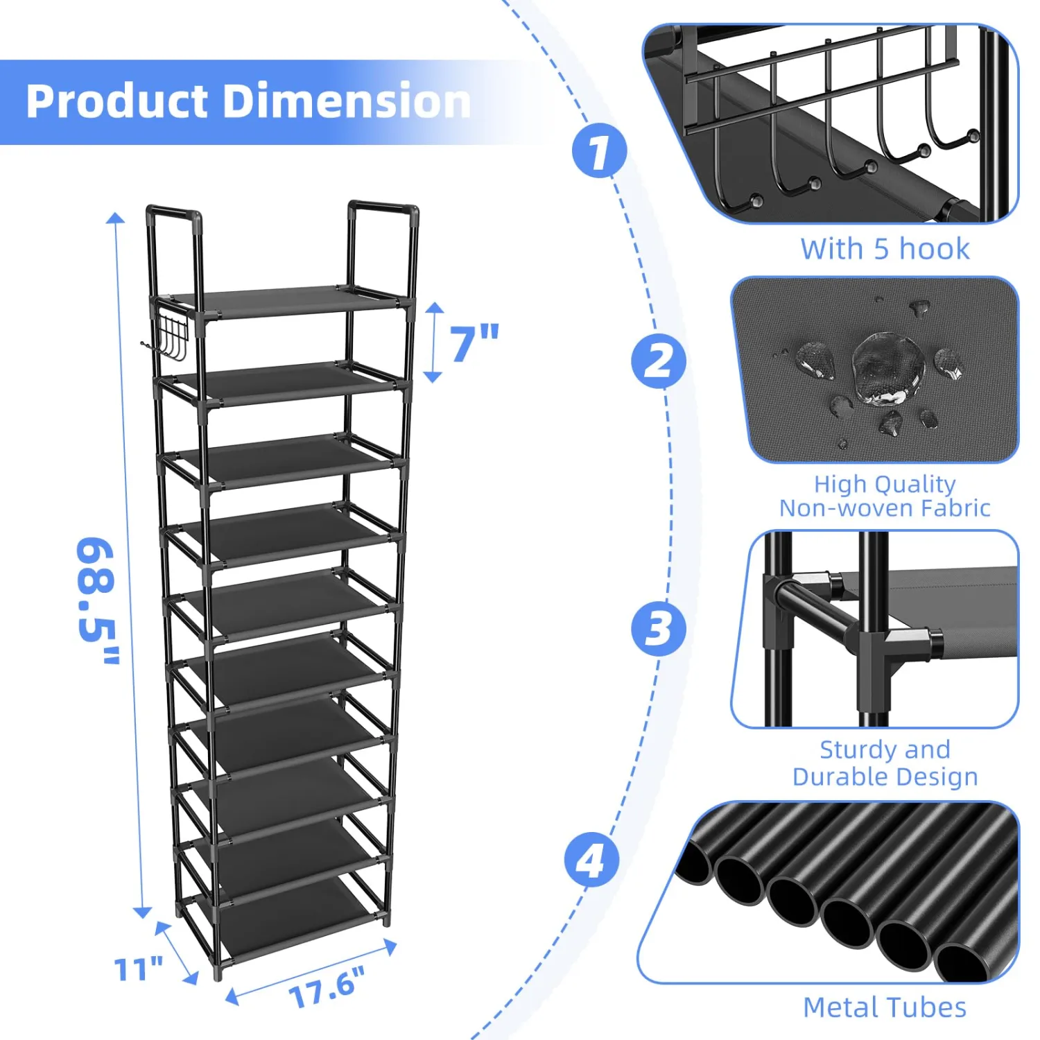 Simple Trending Tall Shoe Rack for Closet, 10 Tiers Narrow Shoe Shelf Holds 20 Pairs, Shoe Organizer Storage with Hooks, Black