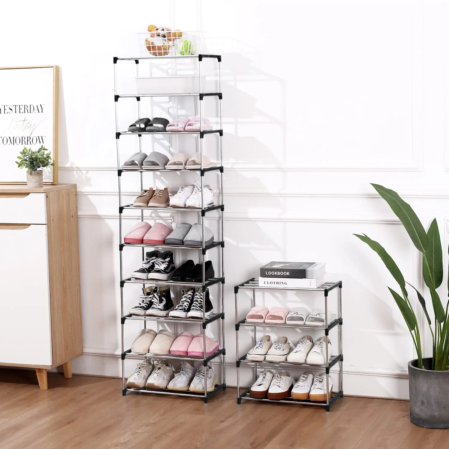 Jucaifu Stackable Small Shoe Rack, Entryway, Hallway and Closet Space Saving Storage and Organization (3-Tier, Black)