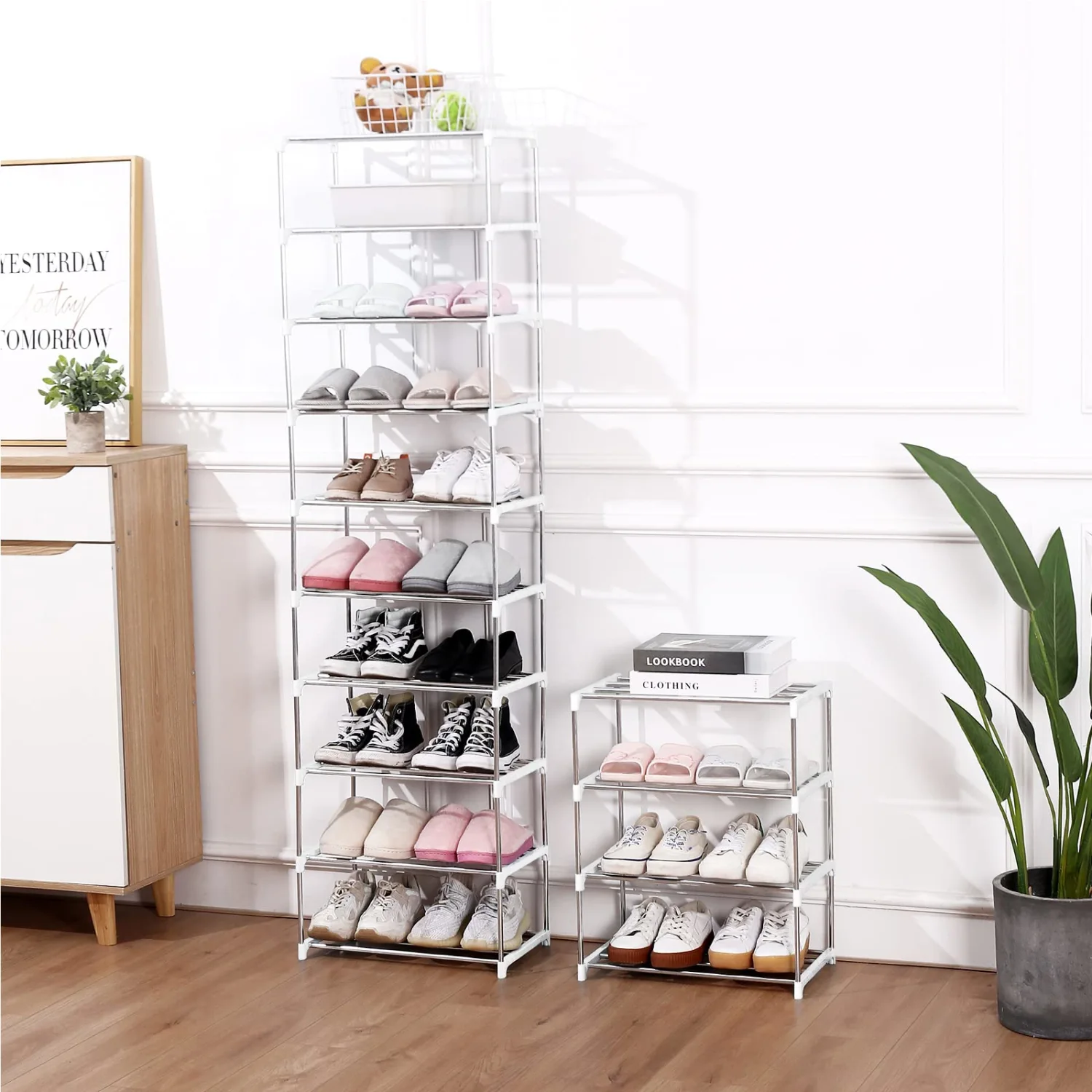 Jucaifu Stackable Small Shoe Rack, Entryway, Hallway and Closet Space Saving Storage and Organization (4-Tier, White)
