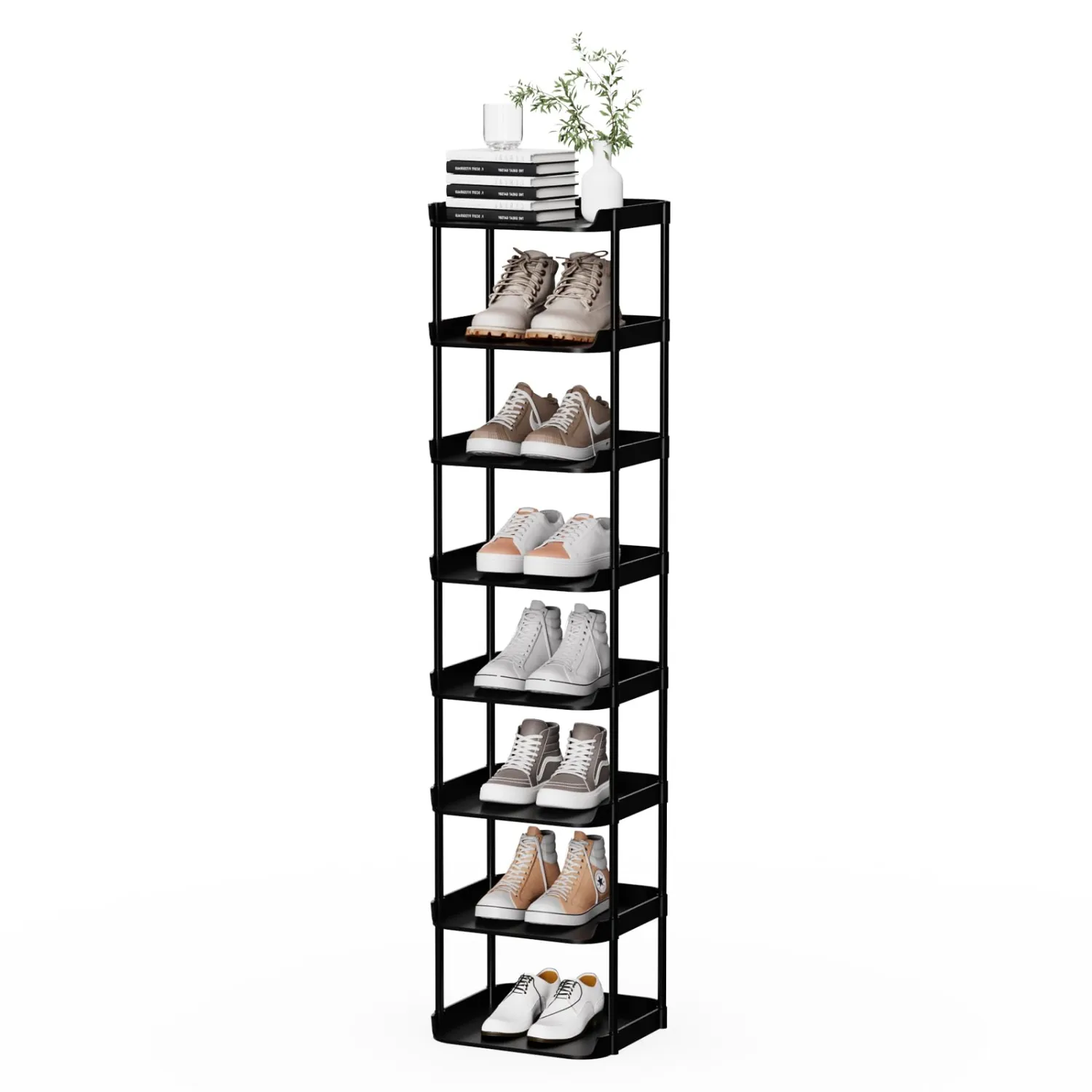 8 Tier Vertical Narrow Shoe Rack, Stackable Tall Skinny Shoerack, Compact Single Shoes Storage Tower for Slim Space, Corner Plastic Shelves, for Hallways, Entryway, Bedrooms Organizer, Black