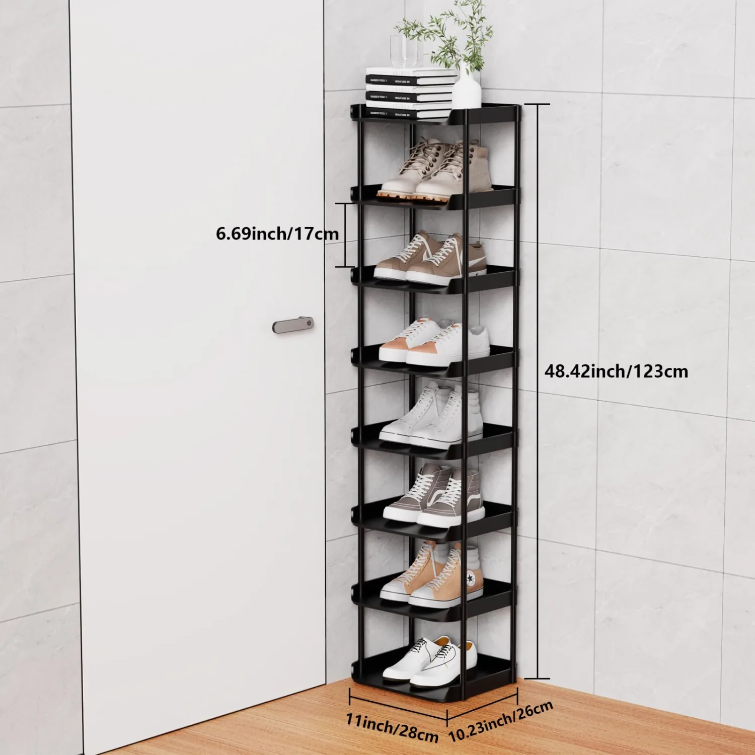 8 Tier Vertical Narrow Shoe Rack, Stackable Tall Skinny Shoerack, Compact Single Shoes Storage Tower for Slim Space, Corner Plastic Shelves, for Hallways, Entryway, Bedrooms Organizer, Black