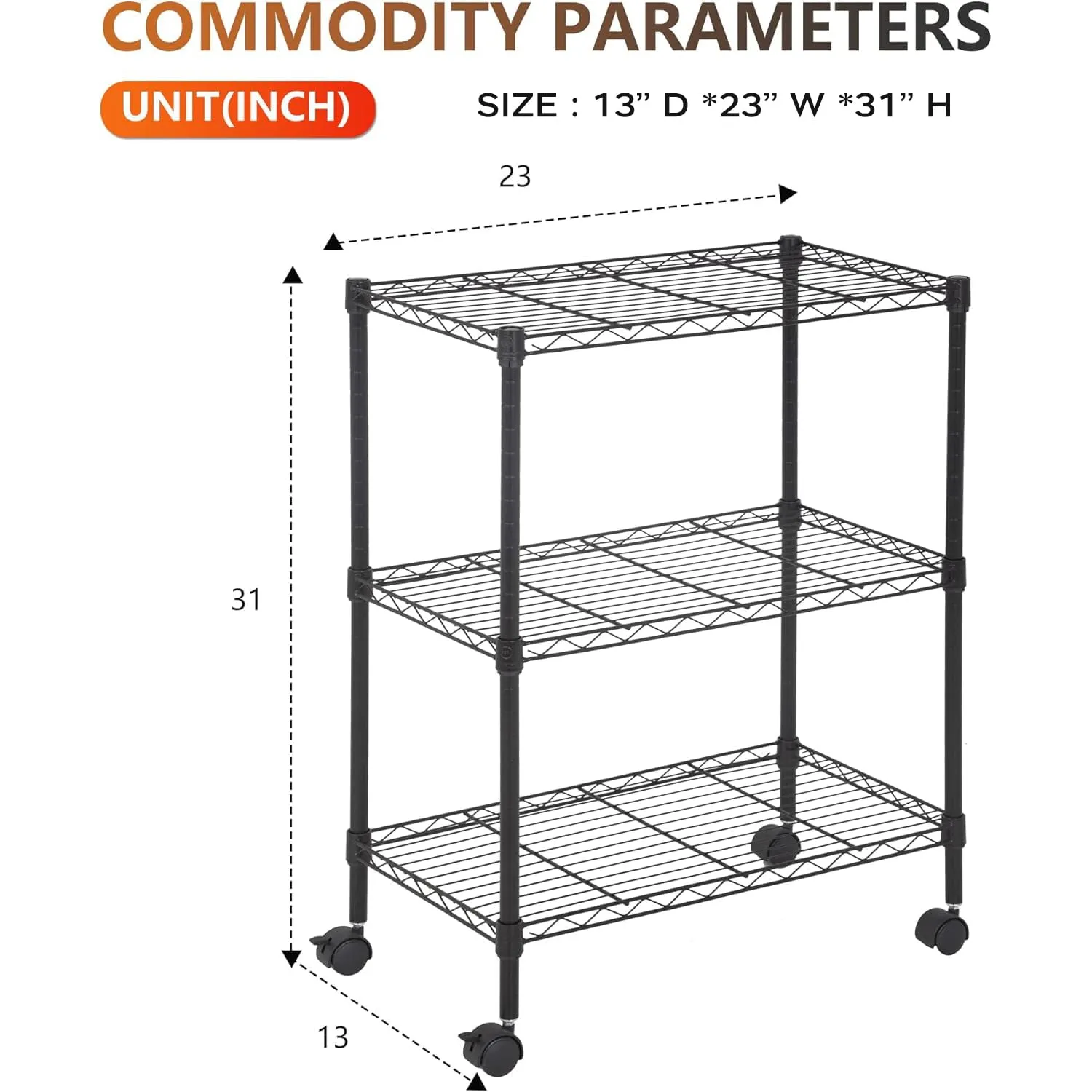 BestOffice | 3-Tier Wire Storage Shelves with Wheels | 23x13x31 | Black | Adjustable Racks | Heavy-Duty Metal Shelf, Holds Upto 170 lbs | No-Tool Assembly | Ideal for Home & Garage Shelving
